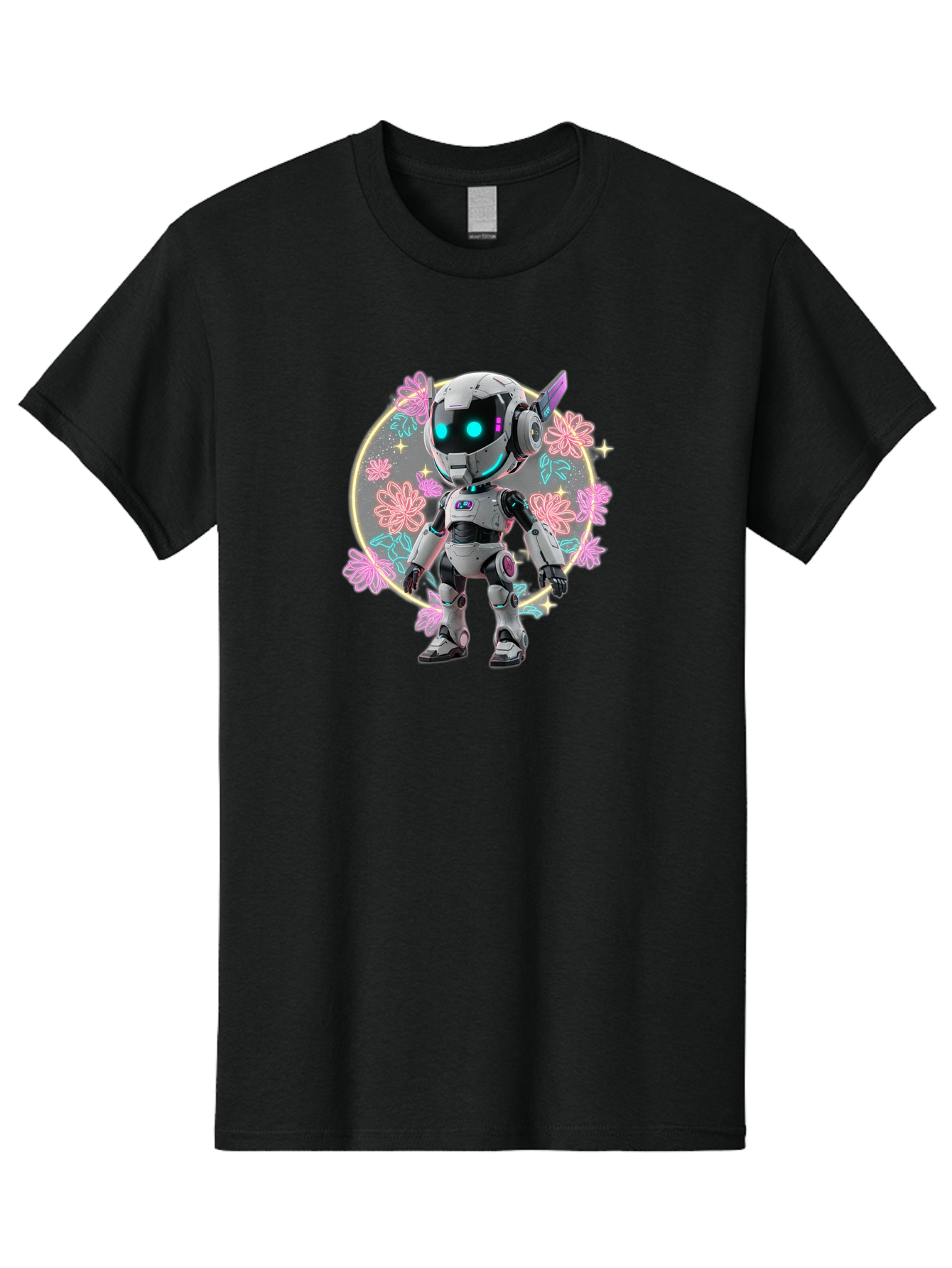 Robot-Surrounded-By-Flowers Men'S Graphic Tee, 100% Cotton, Comfortable Casual Summer Wear, Machine Washable, Futuristic Robot, Robotic Character, Artificial Intelligence, Neon Lights, Metallic Body, Glowing Blue Eyes, Floral Decorations, Bac376 4