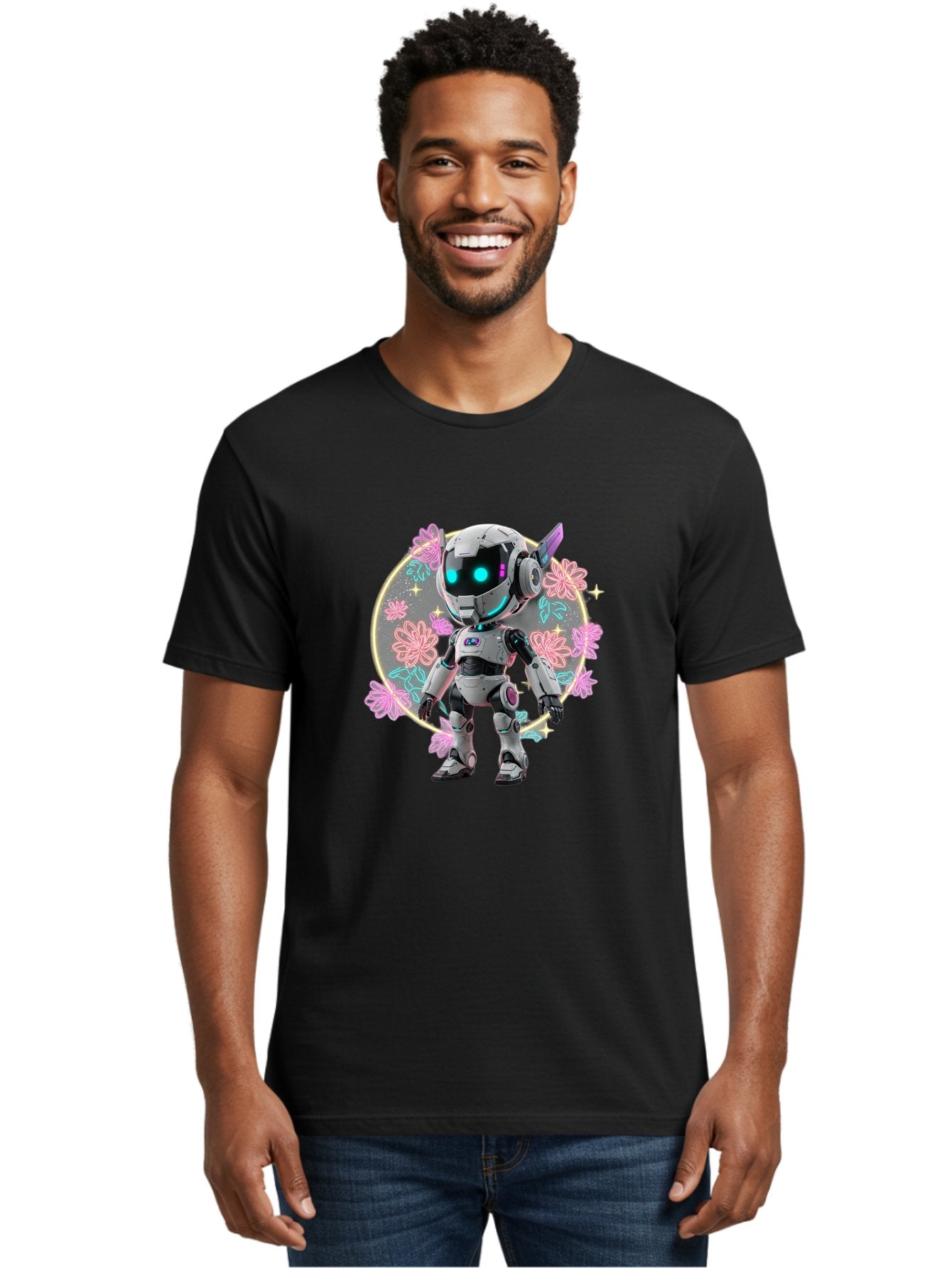 Robot-Surrounded-By-Flowers Men'S Graphic Tee, 100% Cotton, Comfortable Casual Summer Wear, Machine Washable, Futuristic Robot, Robotic Character, Artificial Intelligence, Neon Lights, Metallic Body, Glowing Blue Eyes, Floral Decorations, Bac376 27