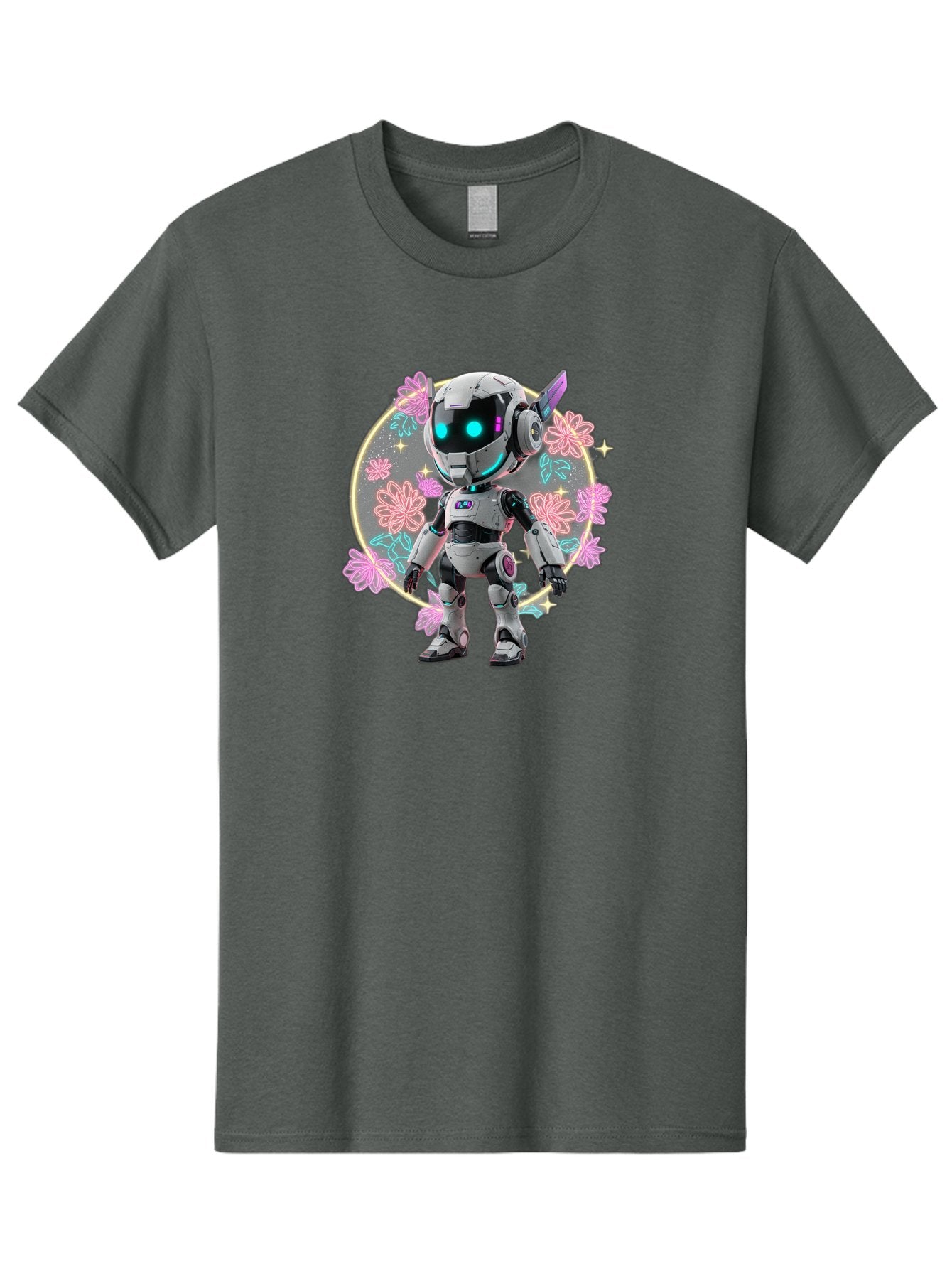 Robot-Surrounded-By-Flowers Men'S Graphic Tee, 100% Cotton, Comfortable Casual Summer Wear, Machine Washable, Futuristic Robot, Robotic Character, Artificial Intelligence, Neon Lights, Metallic Body, Glowing Blue Eyes, Floral Decorations, Bac376 15