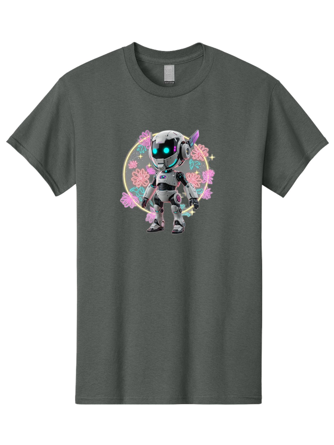 Robot-Surrounded-By-Flowers Men'S Graphic Tee, 100% Cotton, Comfortable Casual Summer Wear, Machine Washable, Futuristic Robot, Robotic Character, Artificial Intelligence, Neon Lights, Metallic Body, Glowing Blue Eyes, Floral Decorations, Bac376