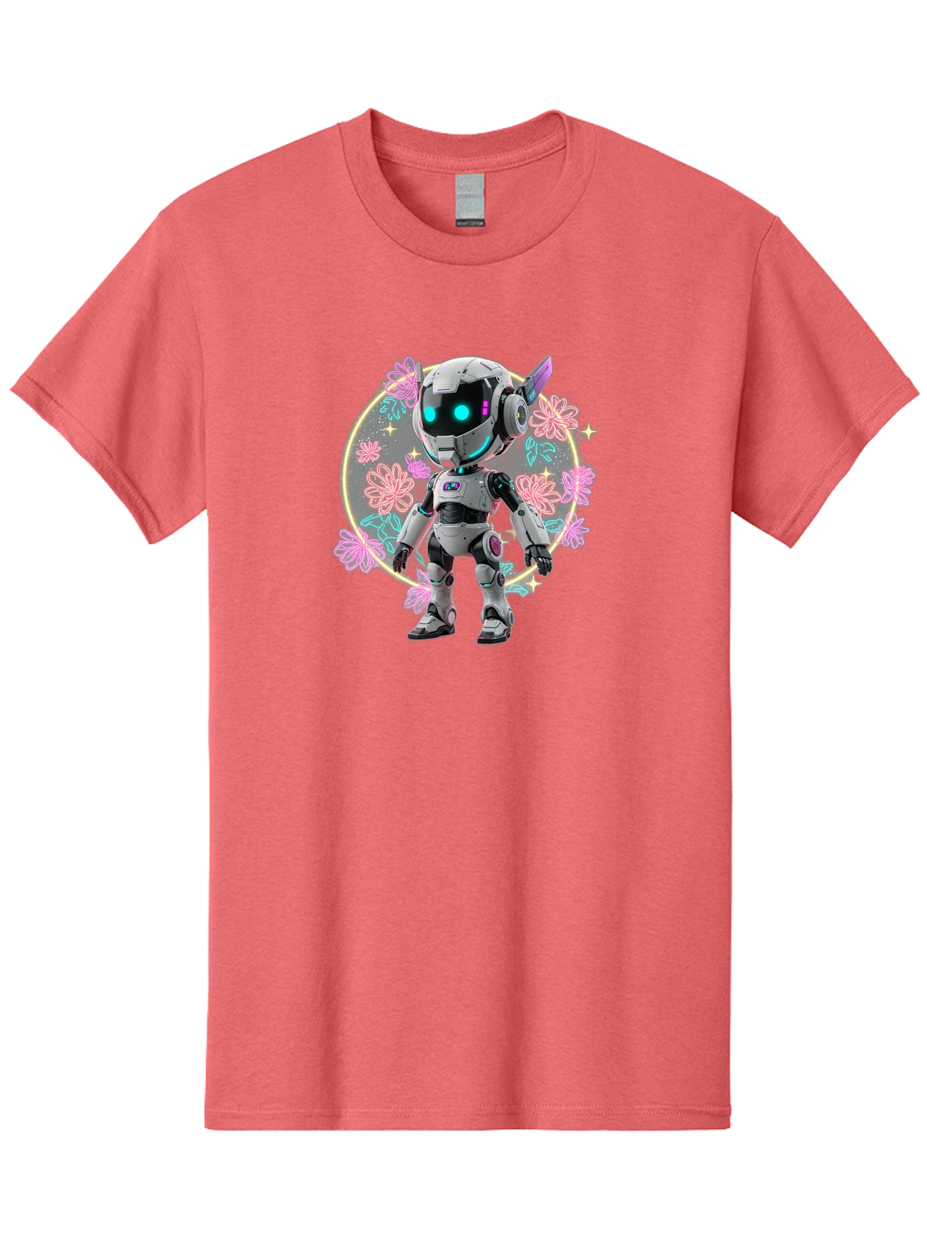 Robot-Surrounded-By-Flowers Men'S Graphic Tee, 100% Cotton, Comfortable Casual Summer Wear, Machine Washable, Futuristic Robot, Robotic Character, Artificial Intelligence, Neon Lights, Metallic Body, Glowing Blue Eyes, Floral Decorations, Bac376 6