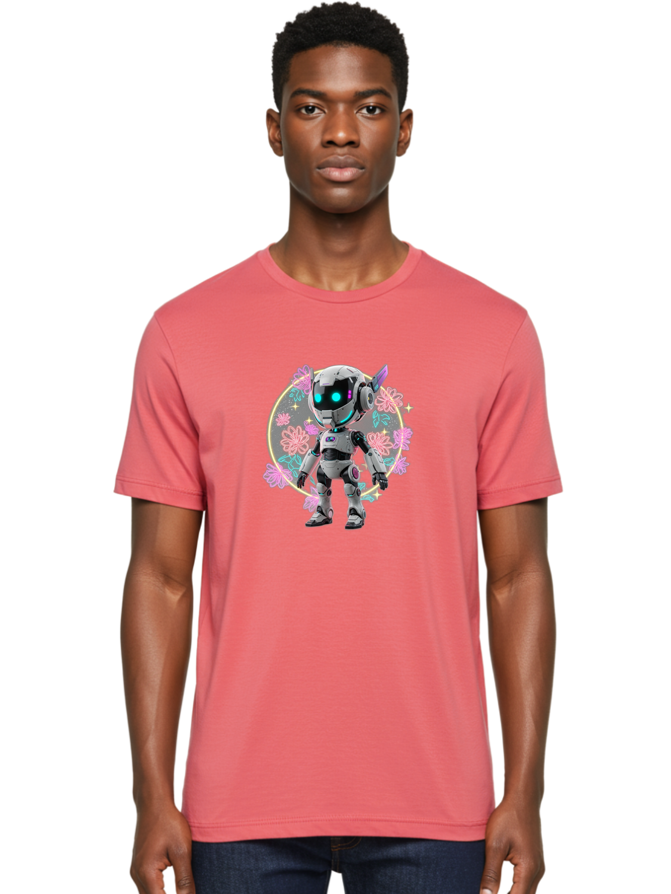 Robot-Surrounded-By-Flowers Men'S Graphic Tee, 100% Cotton, Comfortable Casual Summer Wear, Machine Washable, Futuristic Robot, Robotic Character, Artificial Intelligence, Neon Lights, Metallic Body, Glowing Blue Eyes, Floral Decorations, Bac376 21