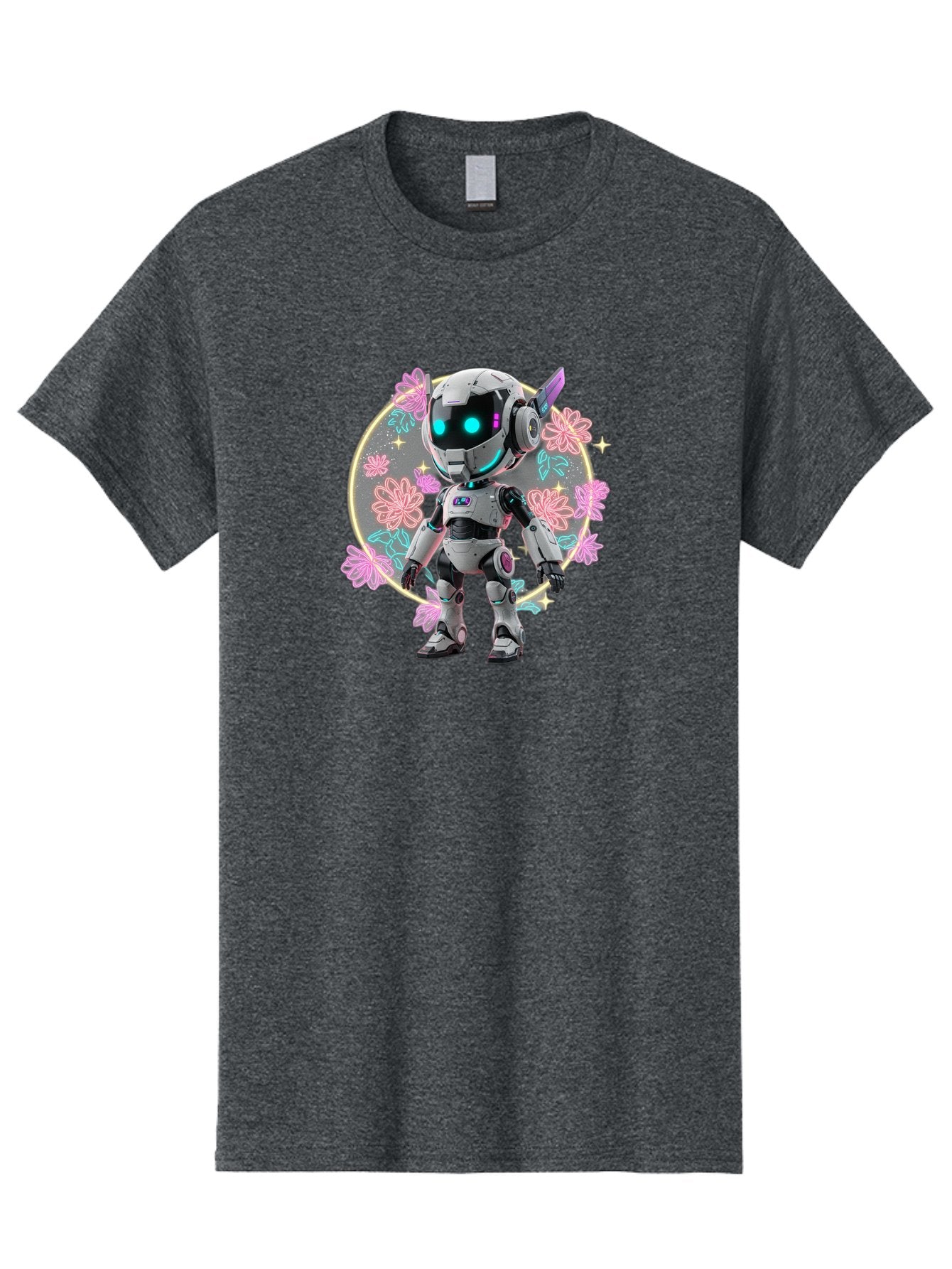 Robot-Surrounded-By-Flowers Men'S Graphic Tee, 100% Cotton, Comfortable Casual Summer Wear, Machine Washable, Futuristic Robot, Robotic Character, Artificial Intelligence, Neon Lights, Metallic Body, Glowing Blue Eyes, Floral Decorations, Bac376 10