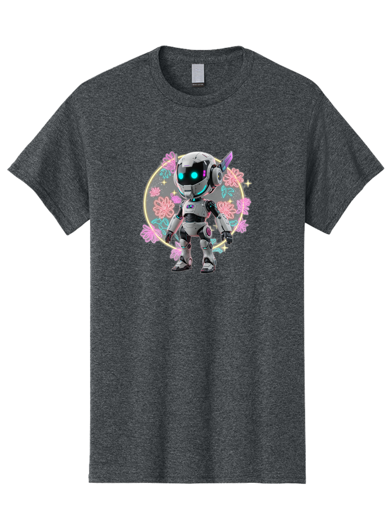 Robot-Surrounded-By-Flowers Men'S Graphic Tee, 100% Cotton, Comfortable Casual Summer Wear, Machine Washable, Futuristic Robot, Robotic Character, Artificial Intelligence, Neon Lights, Metallic Body, Glowing Blue Eyes, Floral Decorations, Bac376 14