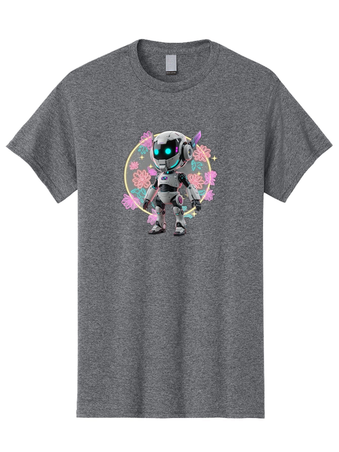 Robot-Surrounded-By-Flowers Men'S Graphic Tee, 100% Cotton, Comfortable Casual Summer Wear, Machine Washable, Futuristic Robot, Robotic Character, Artificial Intelligence, Neon Lights, Metallic Body, Glowing Blue Eyes, Floral Decorations, Bac376 3