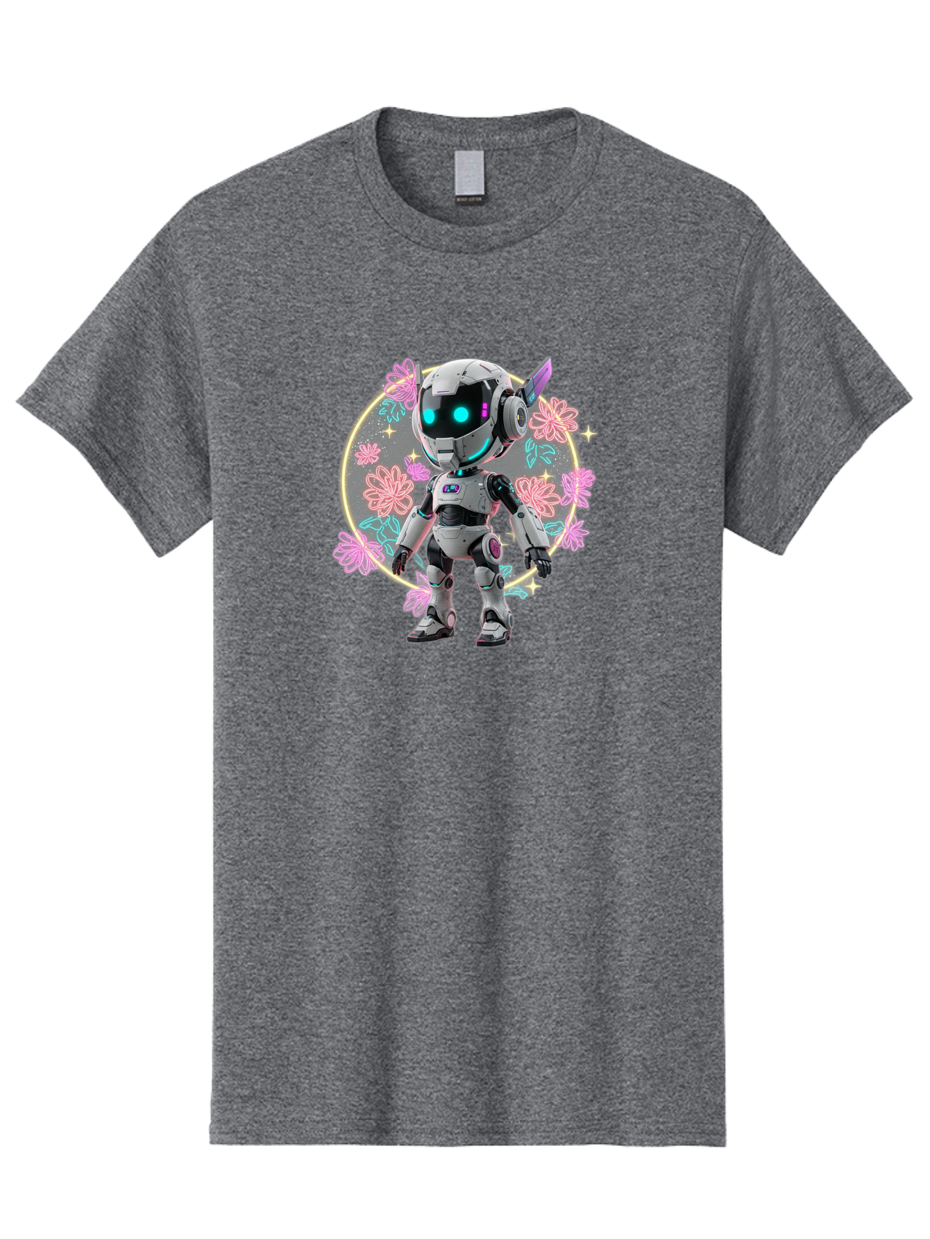 Robot-Surrounded-By-Flowers Men'S Graphic Tee, 100% Cotton, Comfortable Casual Summer Wear, Machine Washable, Futuristic Robot, Robotic Character, Artificial Intelligence, Neon Lights, Metallic Body, Glowing Blue Eyes, Floral Decorations, Bac376 9