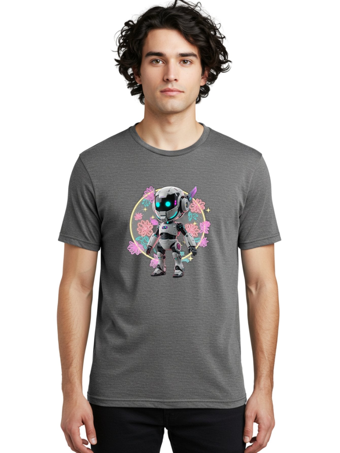 Robot-Surrounded-By-Flowers Men'S Graphic Tee, 100% Cotton, Comfortable Casual Summer Wear, Machine Washable, Futuristic Robot, Robotic Character, Artificial Intelligence, Neon Lights, Metallic Body, Glowing Blue Eyes, Floral Decorations, Bac376 22