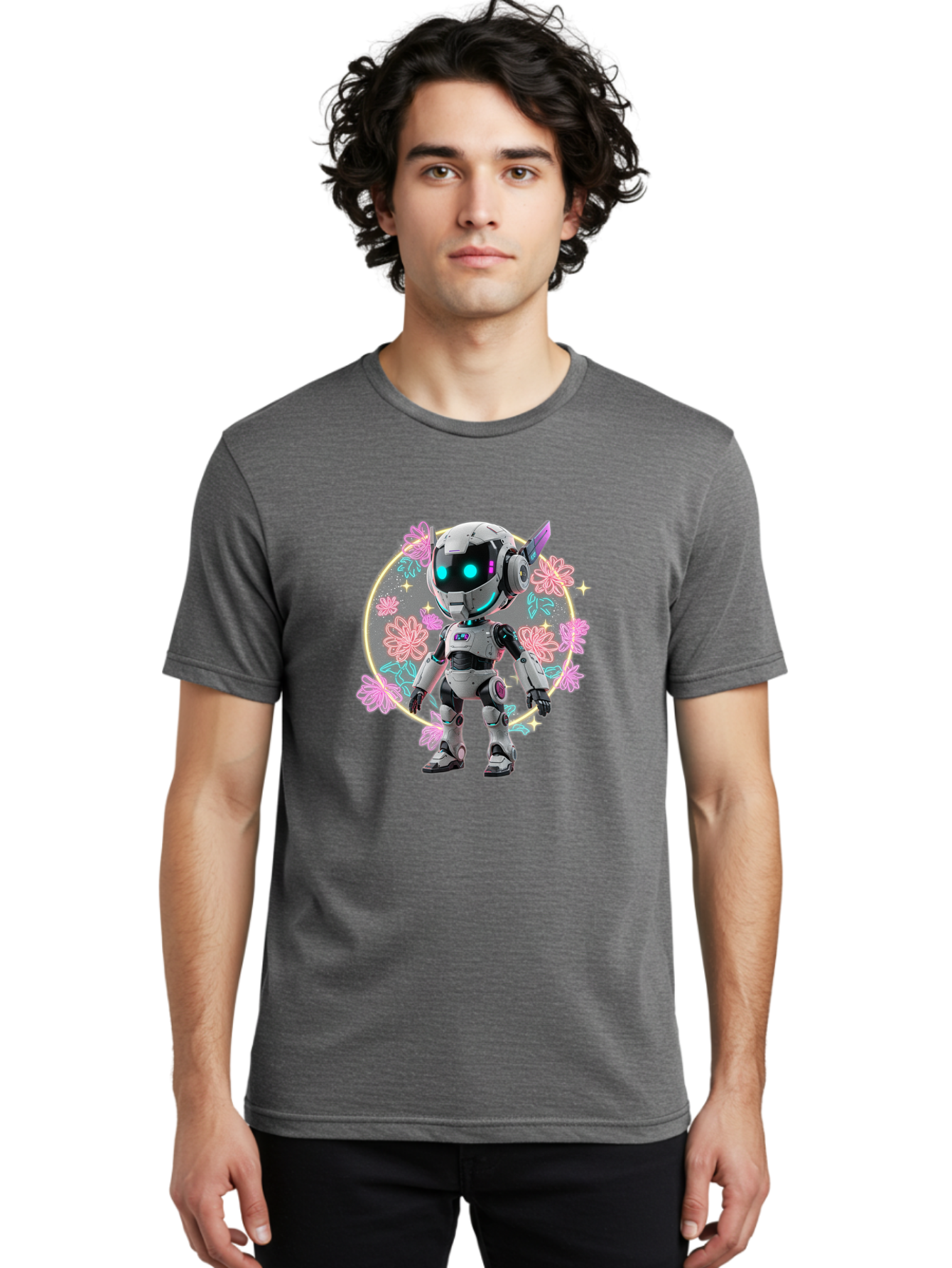 Robot-Surrounded-By-Flowers Men'S Graphic Tee, 100% Cotton, Comfortable Casual Summer Wear, Machine Washable, Futuristic Robot, Robotic Character, Artificial Intelligence, Neon Lights, Metallic Body, Glowing Blue Eyes, Floral Decorations, Bac376 24