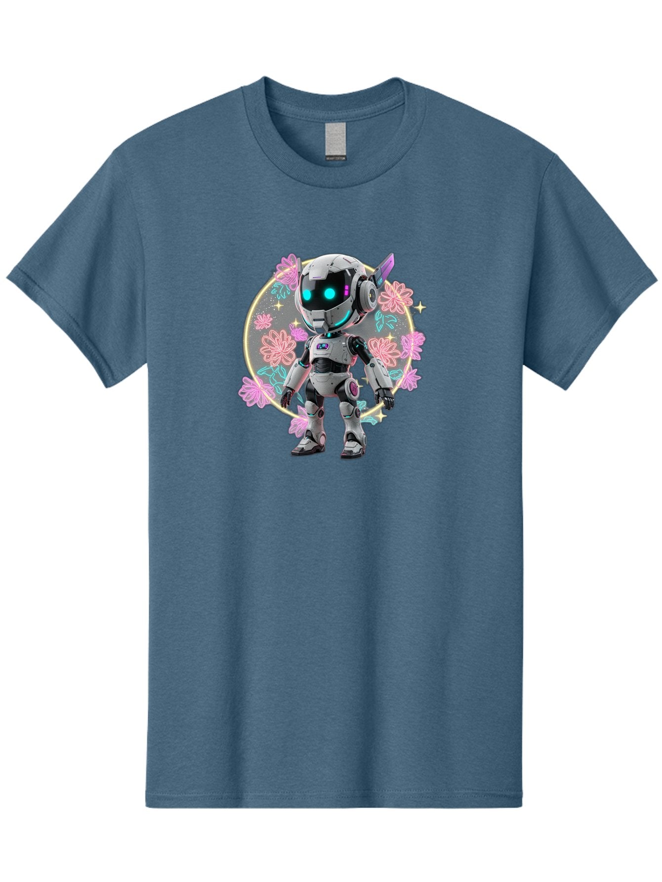 Robot-Surrounded-By-Flowers Men'S Graphic Tee, 100% Cotton, Comfortable Casual Summer Wear, Machine Washable, Futuristic Robot, Robotic Character, Artificial Intelligence, Neon Lights, Metallic Body, Glowing Blue Eyes, Floral Decorations, Bac376 14