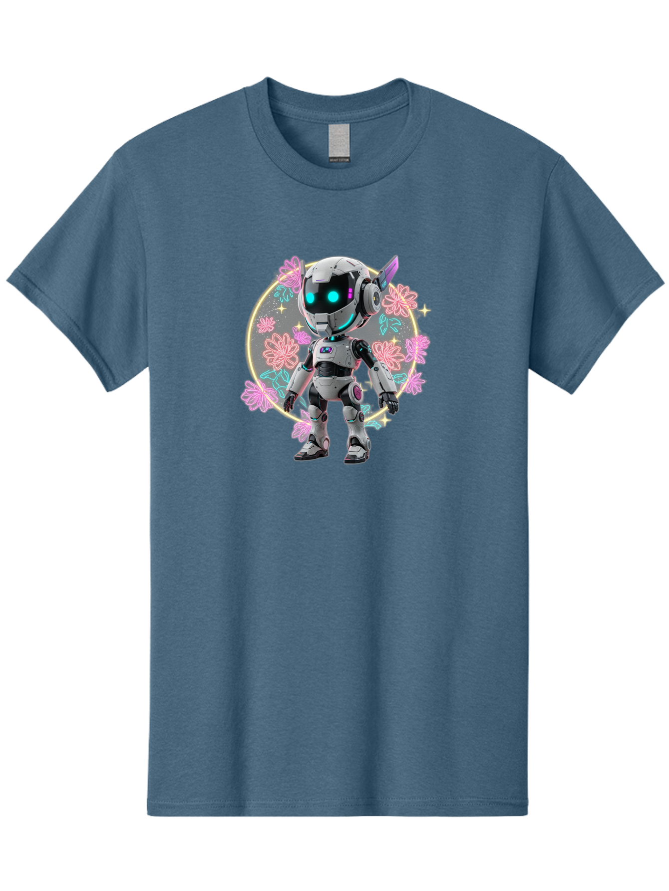 Robot-Surrounded-By-Flowers Men'S Graphic Tee, 100% Cotton, Comfortable Casual Summer Wear, Machine Washable, Futuristic Robot, Robotic Character, Artificial Intelligence, Neon Lights, Metallic Body, Glowing Blue Eyes, Floral Decorations, Bac376