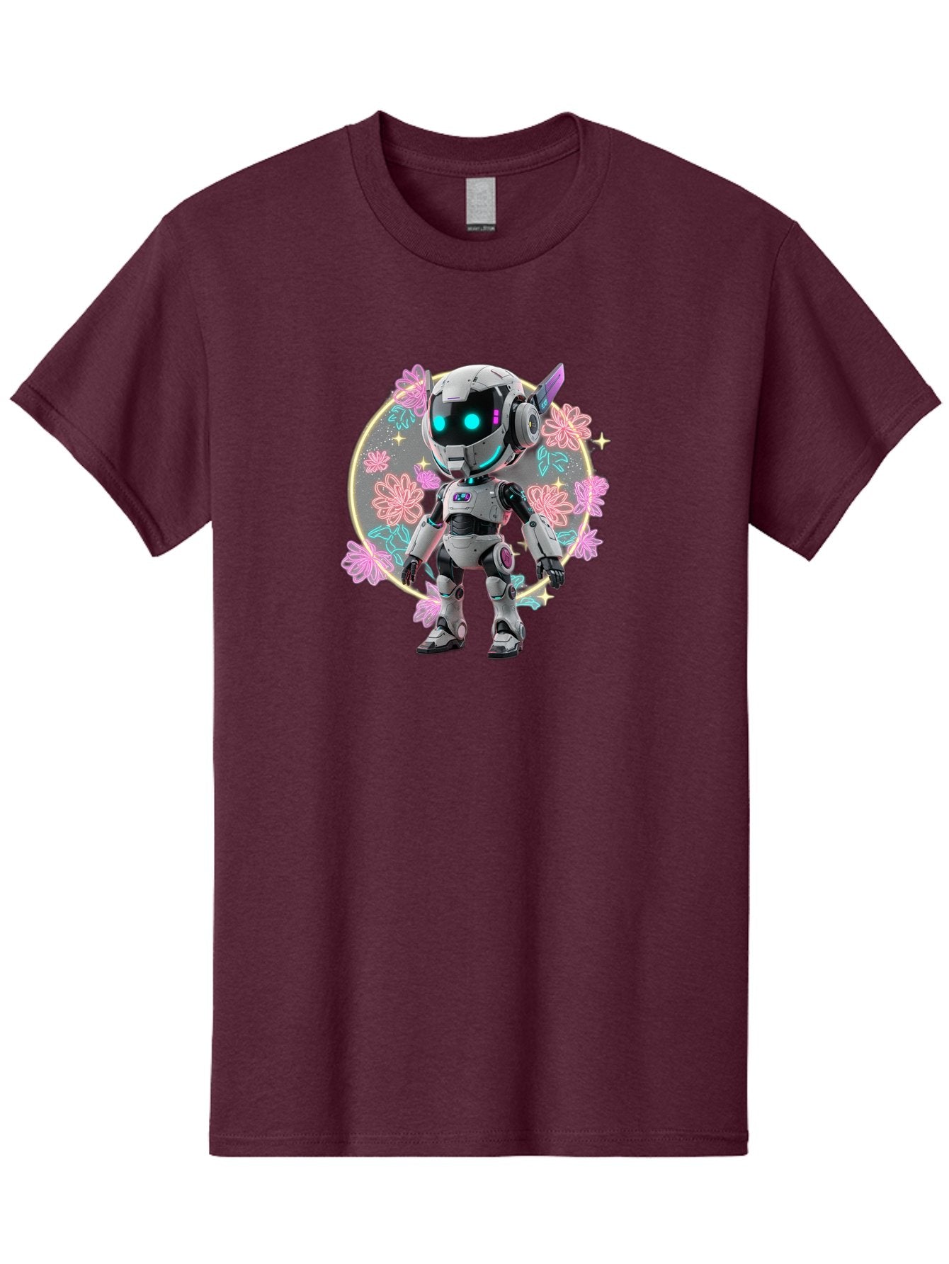 Robot-Surrounded-By-Flowers Men'S Graphic Tee, 100% Cotton, Comfortable Casual Summer Wear, Machine Washable, Futuristic Robot, Robotic Character, Artificial Intelligence, Neon Lights, Metallic Body, Glowing Blue Eyes, Floral Decorations, Bac376 9
