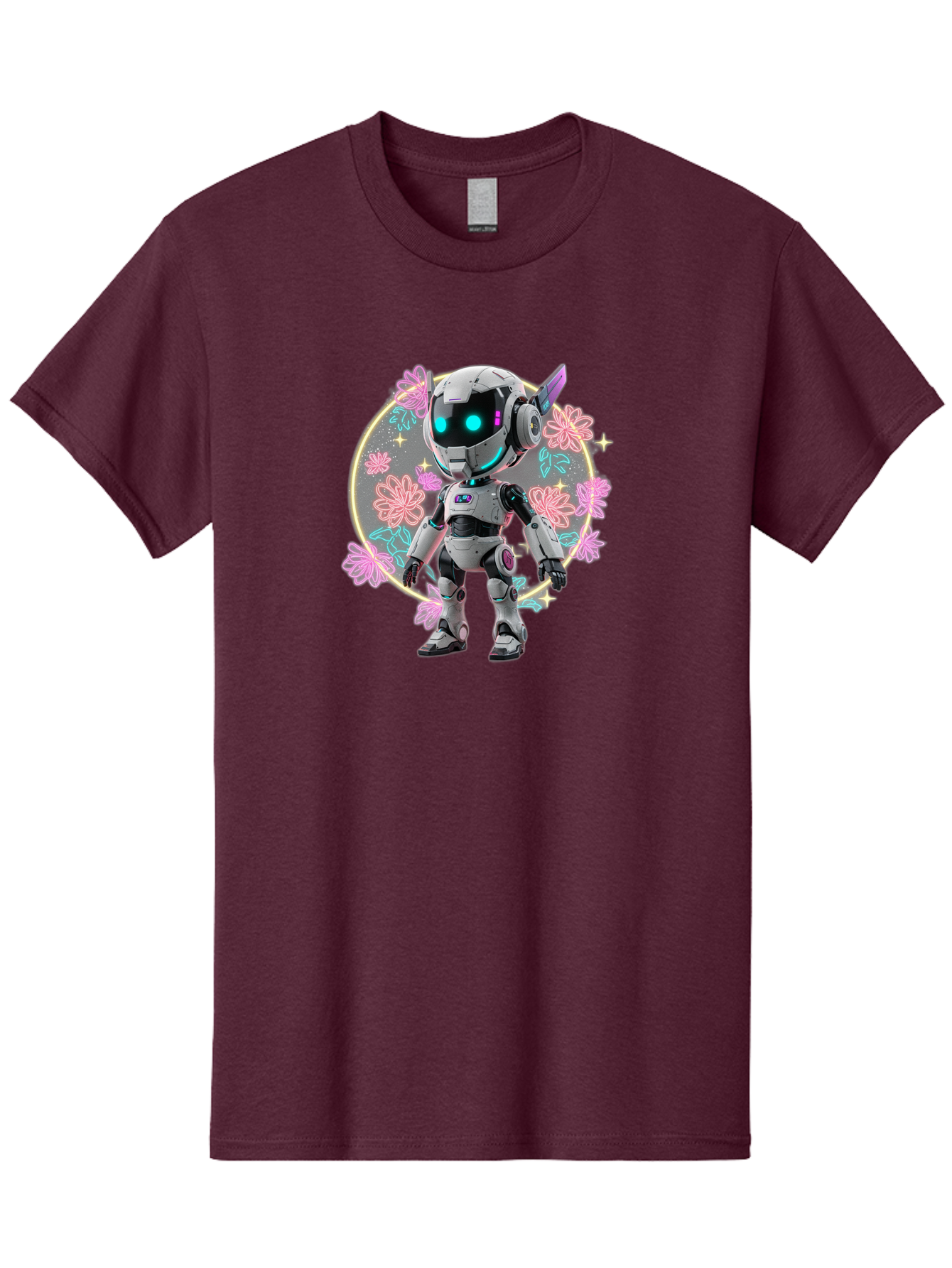 Robot-Surrounded-By-Flowers Men'S Graphic Tee, 100% Cotton, Comfortable Casual Summer Wear, Machine Washable, Futuristic Robot, Robotic Character, Artificial Intelligence, Neon Lights, Metallic Body, Glowing Blue Eyes, Floral Decorations, Bac376 5