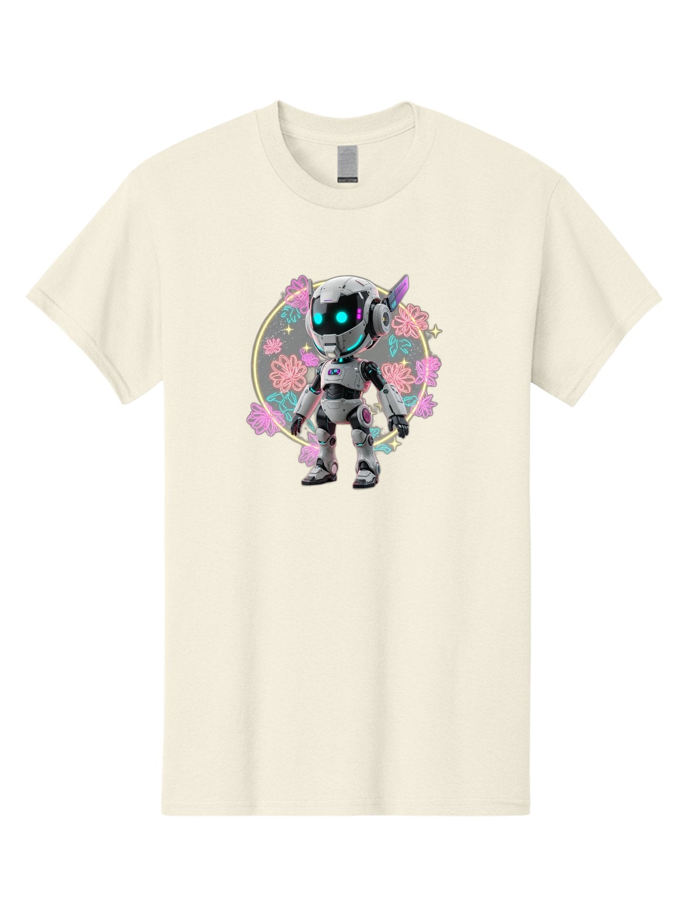 Robot-Surrounded-By-Flowers Men'S Graphic Tee, 100% Cotton, Comfortable Casual Summer Wear, Machine Washable, Futuristic Robot, Robotic Character, Artificial Intelligence, Neon Lights, Metallic Body, Glowing Blue Eyes, Floral Decorations, Bac376 5