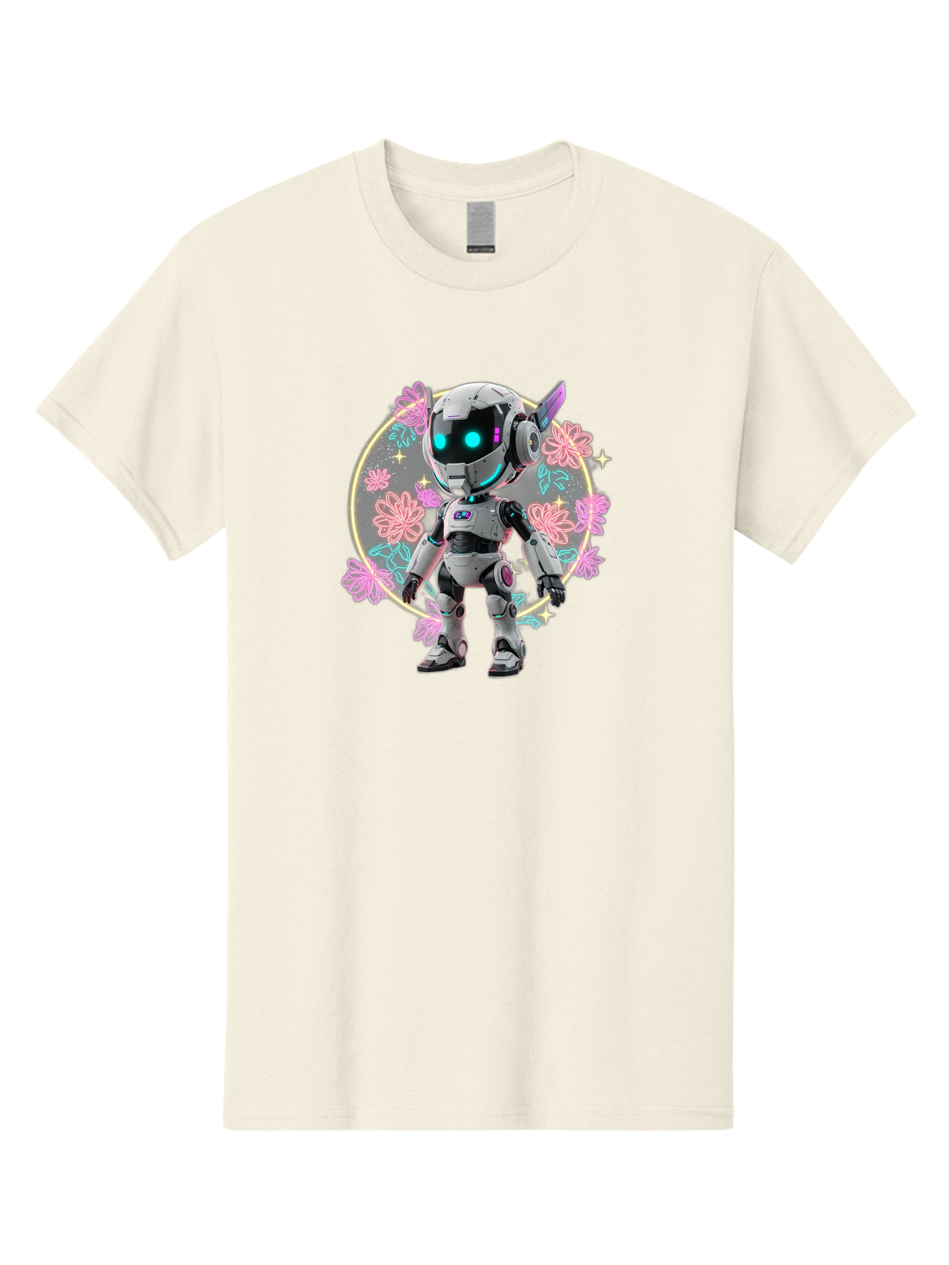 Robot-Surrounded-By-Flowers Men'S Graphic Tee, 100% Cotton, Comfortable Casual Summer Wear, Machine Washable, Futuristic Robot, Robotic Character, Artificial Intelligence, Neon Lights, Metallic Body, Glowing Blue Eyes, Floral Decorations, Bac376 8