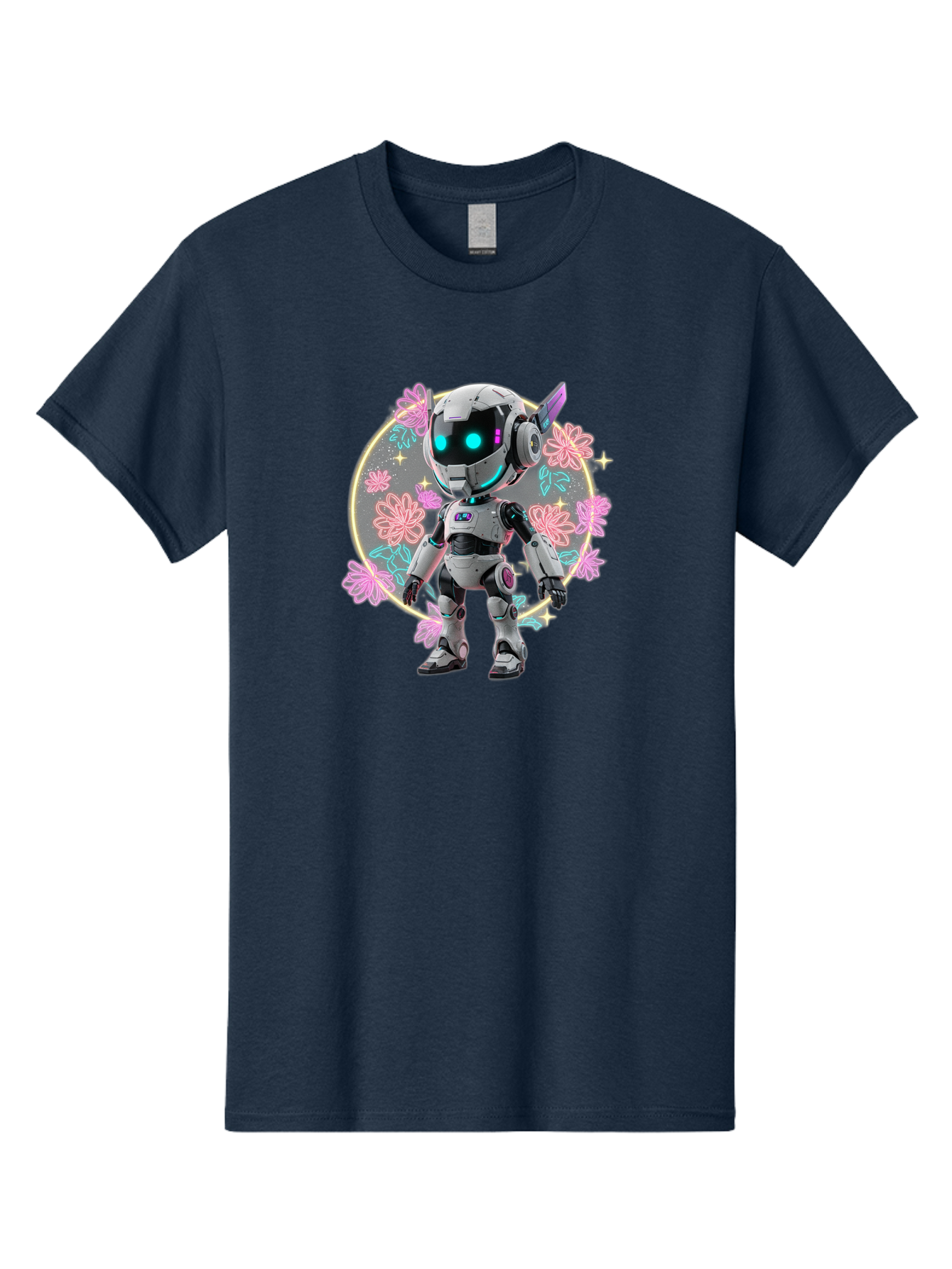 Robot-Surrounded-By-Flowers Men'S Graphic Tee, 100% Cotton, Comfortable Casual Summer Wear, Machine Washable, Futuristic Robot, Robotic Character, Artificial Intelligence, Neon Lights, Metallic Body, Glowing Blue Eyes, Floral Decorations, Bac376 12