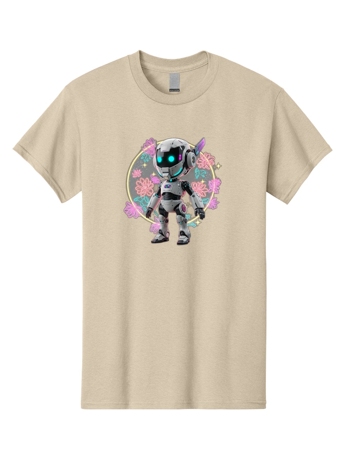 Robot-Surrounded-By-Flowers Men'S Graphic Tee, 100% Cotton, Comfortable Casual Summer Wear, Machine Washable, Futuristic Robot, Robotic Character, Artificial Intelligence, Neon Lights, Metallic Body, Glowing Blue Eyes, Floral Decorations, Bac376 12