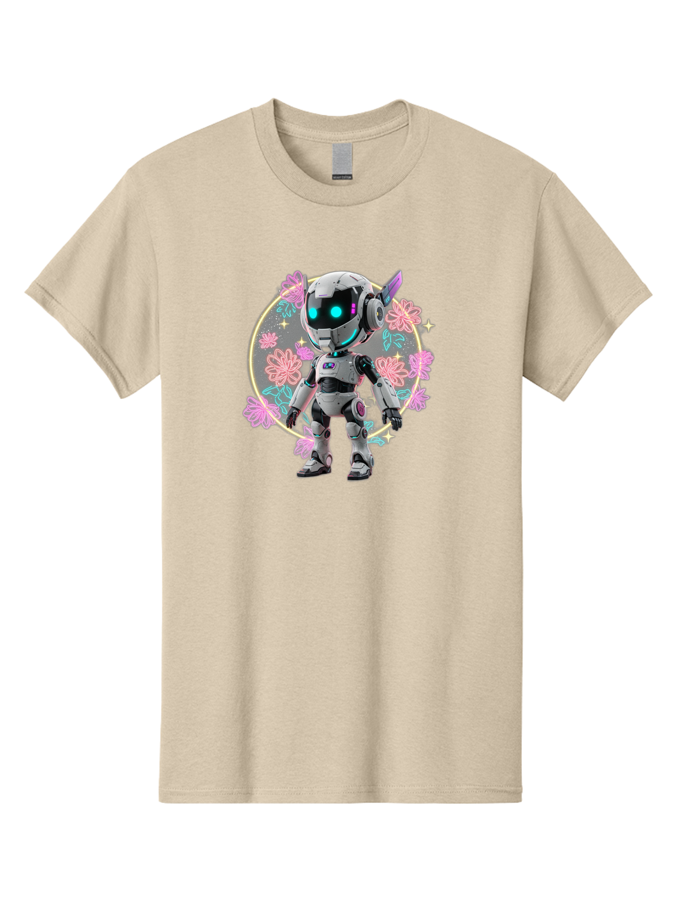 Robot-Surrounded-By-Flowers Men'S Graphic Tee, 100% Cotton, Comfortable Casual Summer Wear, Machine Washable, Futuristic Robot, Robotic Character, Artificial Intelligence, Neon Lights, Metallic Body, Glowing Blue Eyes, Floral Decorations, Bac376 3