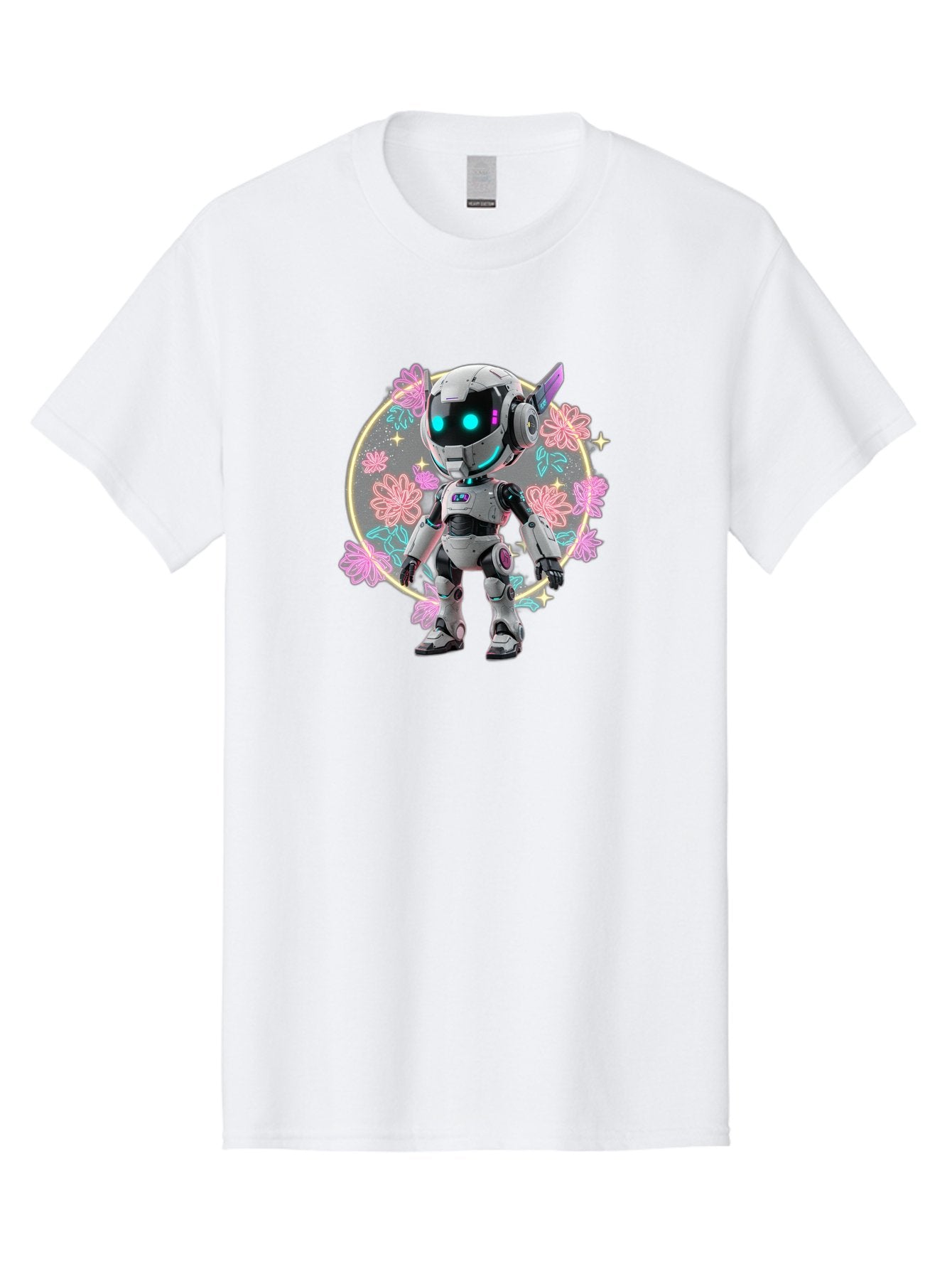 Robot-Surrounded-By-Flowers Men'S Graphic Tee, 100% Cotton, Comfortable Casual Summer Wear, Machine Washable, Futuristic Robot, Robotic Character, Artificial Intelligence, Neon Lights, Metallic Body, Glowing Blue Eyes, Floral Decorations, Bac376