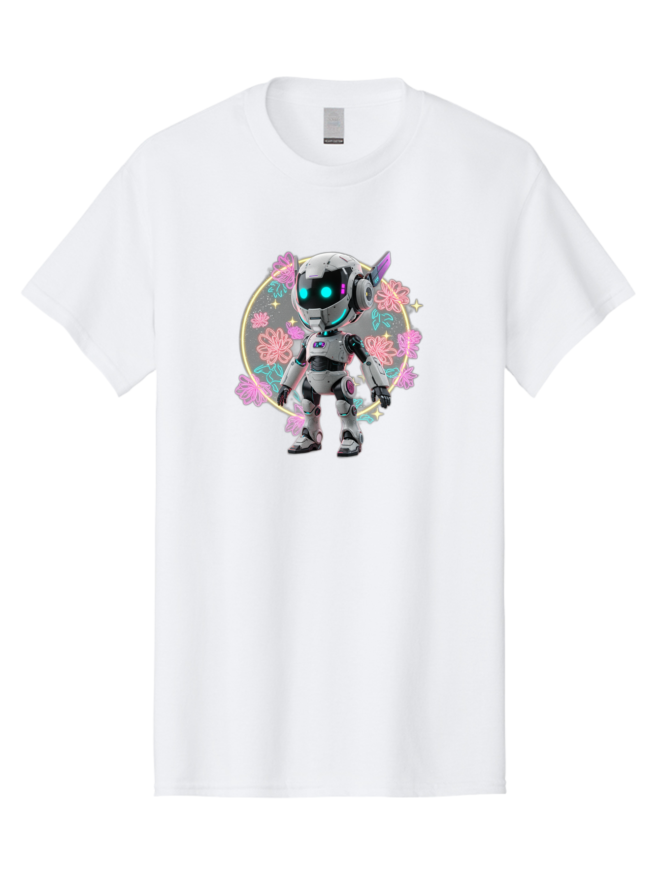Robot-Surrounded-By-Flowers Men'S Graphic Tee, 100% Cotton, Comfortable Casual Summer Wear, Machine Washable, Futuristic Robot, Robotic Character, Artificial Intelligence, Neon Lights, Metallic Body, Glowing Blue Eyes, Floral Decorations, Bac376 11