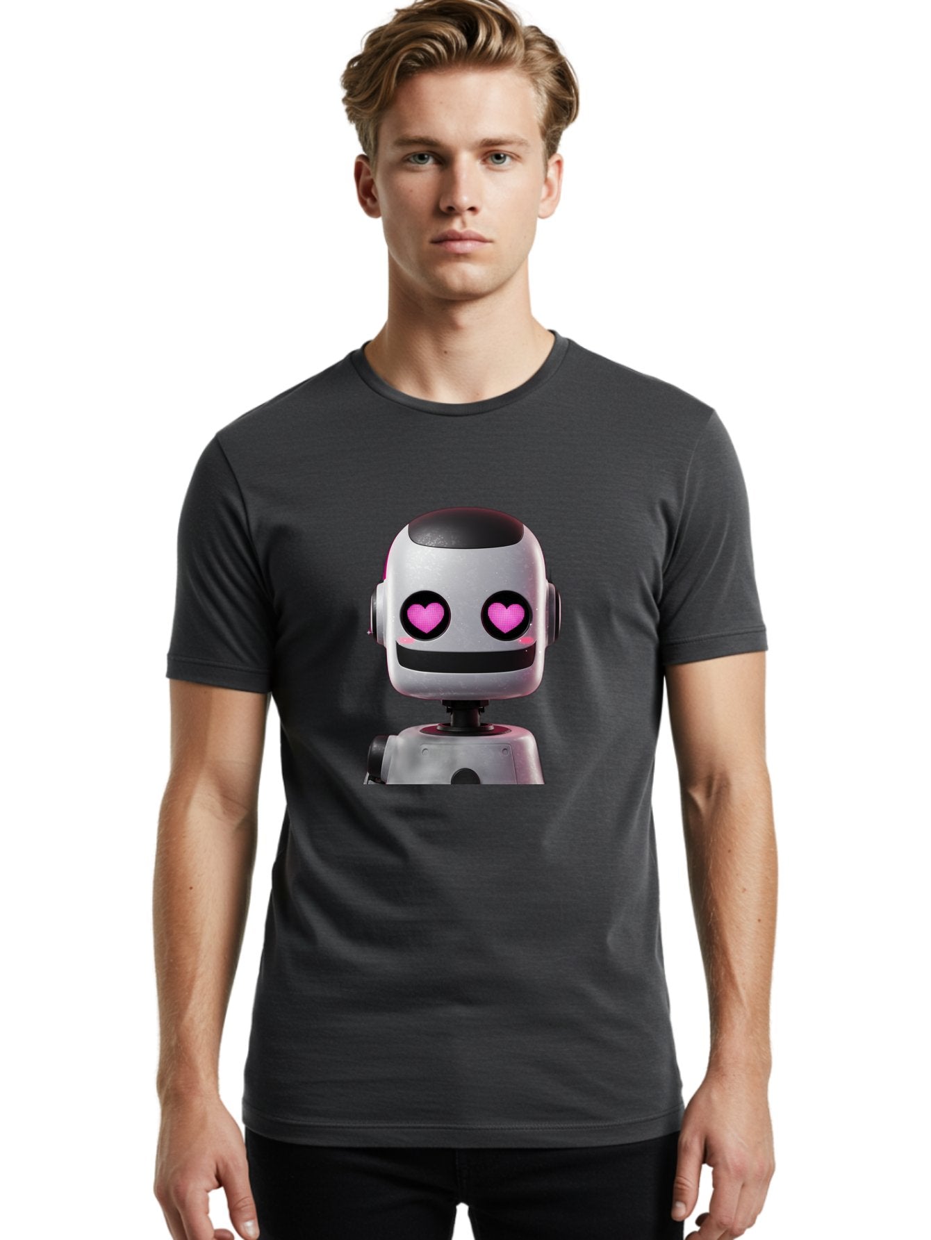 Robot-With-Heart-Eyes Men'S Graphic Tee, 100% Cotton, Comfortable Casual Summer Wear, Machine Washable, Robot With Heart Eyes, Cute Robot, Artificial Intelligence, Machine Learning, Friendly Robot, Silver Robot, Pink Heart Eyes, Robotic Face, Bac377 21