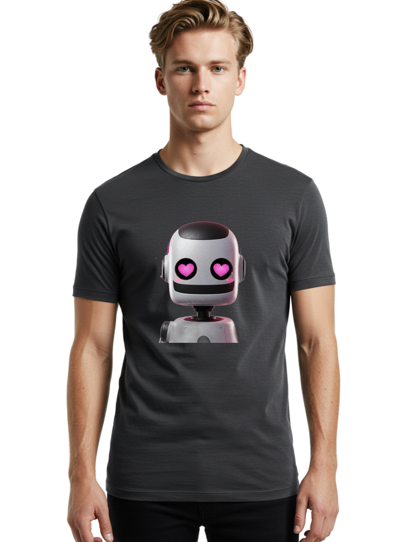 Robot-With-Heart-Eyes Men'S Graphic Tee, 100% Cotton, Comfortable Casual Summer Wear, Machine Washable, Robot With Heart Eyes, Cute Robot, Artificial Intelligence, Machine Learning, Friendly Robot, Silver Robot, Pink Heart Eyes, Robotic Face, Bac377 25
