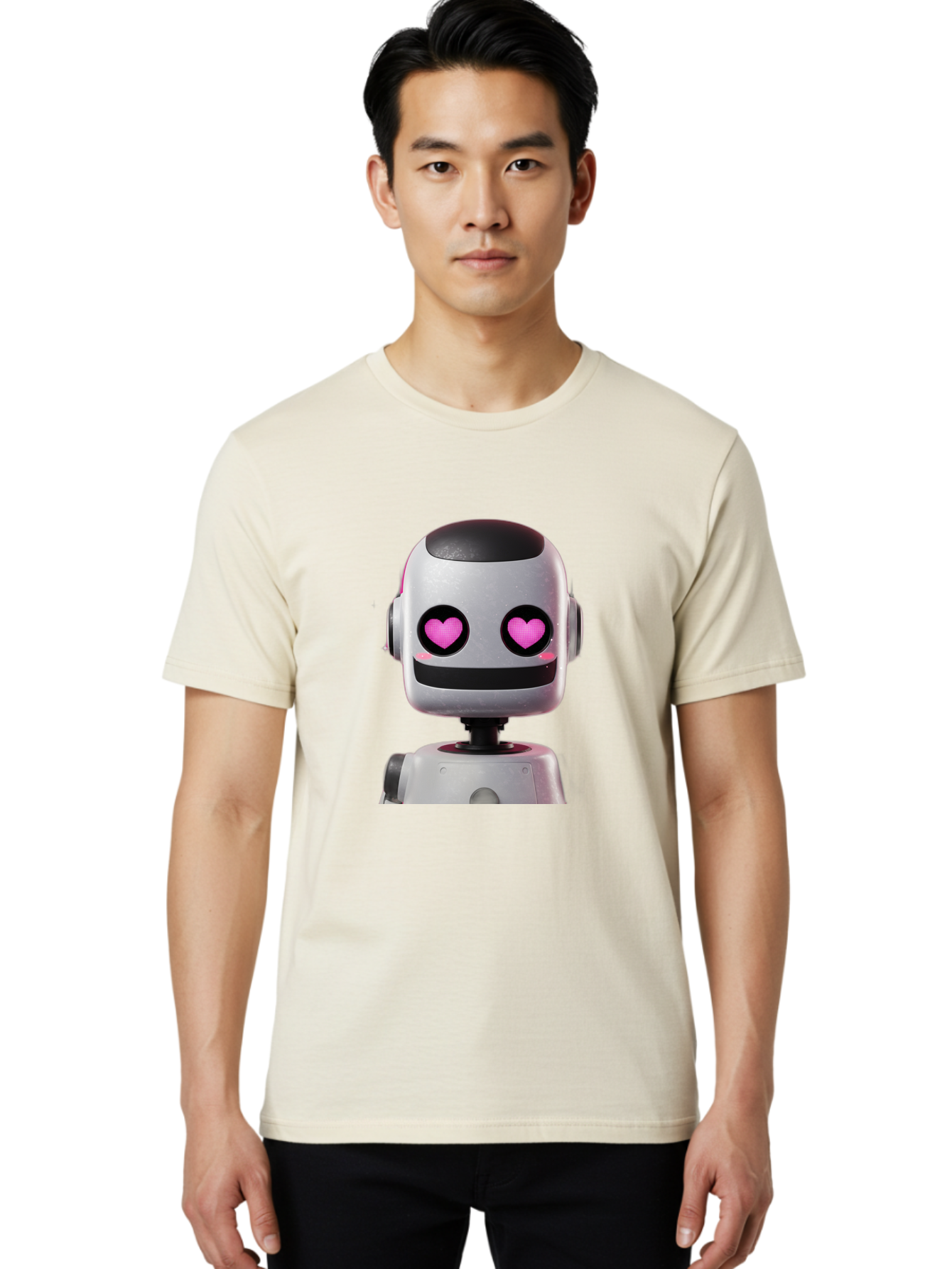 Robot-With-Heart-Eyes Men'S Graphic Tee, 100% Cotton, Comfortable Casual Summer Wear, Machine Washable, Robot With Heart Eyes, Cute Robot, Artificial Intelligence, Machine Learning, Friendly Robot, Silver Robot, Pink Heart Eyes, Robotic Face, Bac377 17