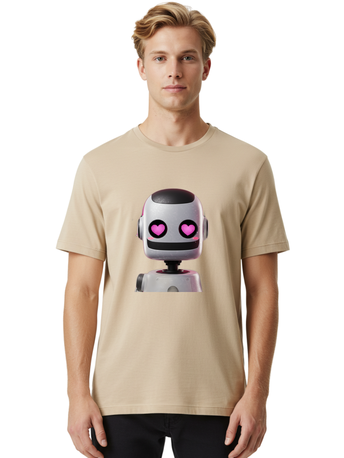 Robot-With-Heart-Eyes Men'S Graphic Tee, 100% Cotton, Comfortable Casual Summer Wear, Machine Washable, Robot With Heart Eyes, Cute Robot, Artificial Intelligence, Machine Learning, Friendly Robot, Silver Robot, Pink Heart Eyes, Robotic Face, Bac377 24