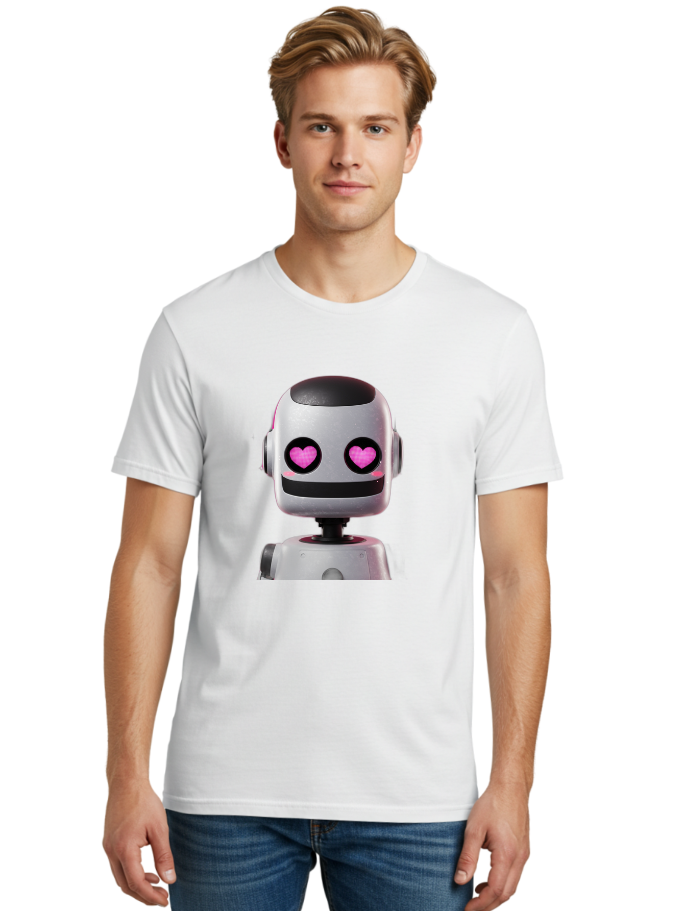 Robot-With-Heart-Eyes Men'S Graphic Tee, 100% Cotton, Comfortable Casual Summer Wear, Machine Washable, Robot With Heart Eyes, Cute Robot, Artificial Intelligence, Machine Learning, Friendly Robot, Silver Robot, Pink Heart Eyes, Robotic Face, Bac377 26