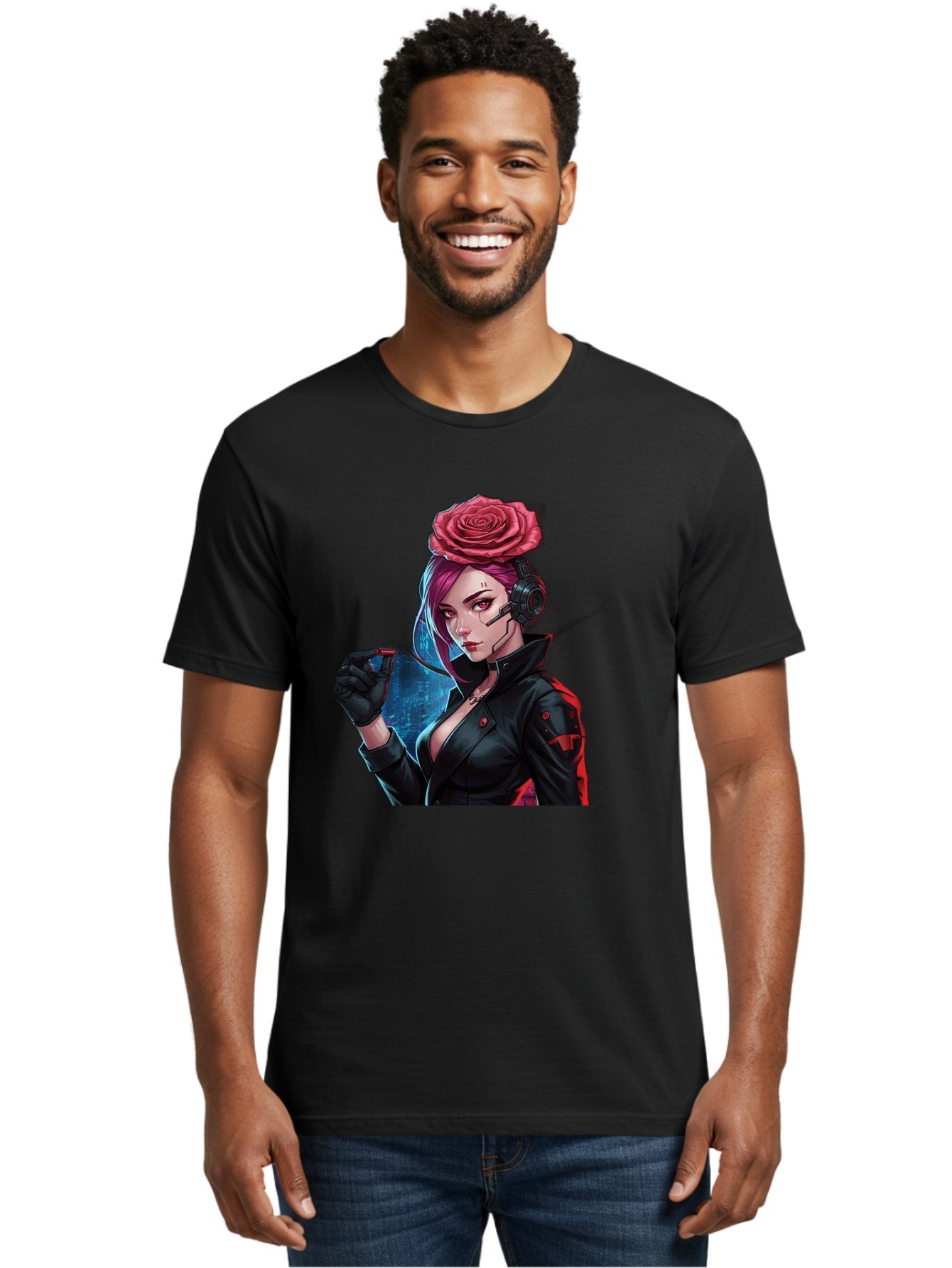 Rose-Girl Men'S Graphic Tee, 100% Cotton, Comfortable Casual Summer Wear, Machine Washable, Pink Hair, Red Rose, Black Leather Jacket, Cyberpunk Style, Futuristic Fashion, Gaming Character, League Of Legends, Esports, K/Da Akali Bac378 16