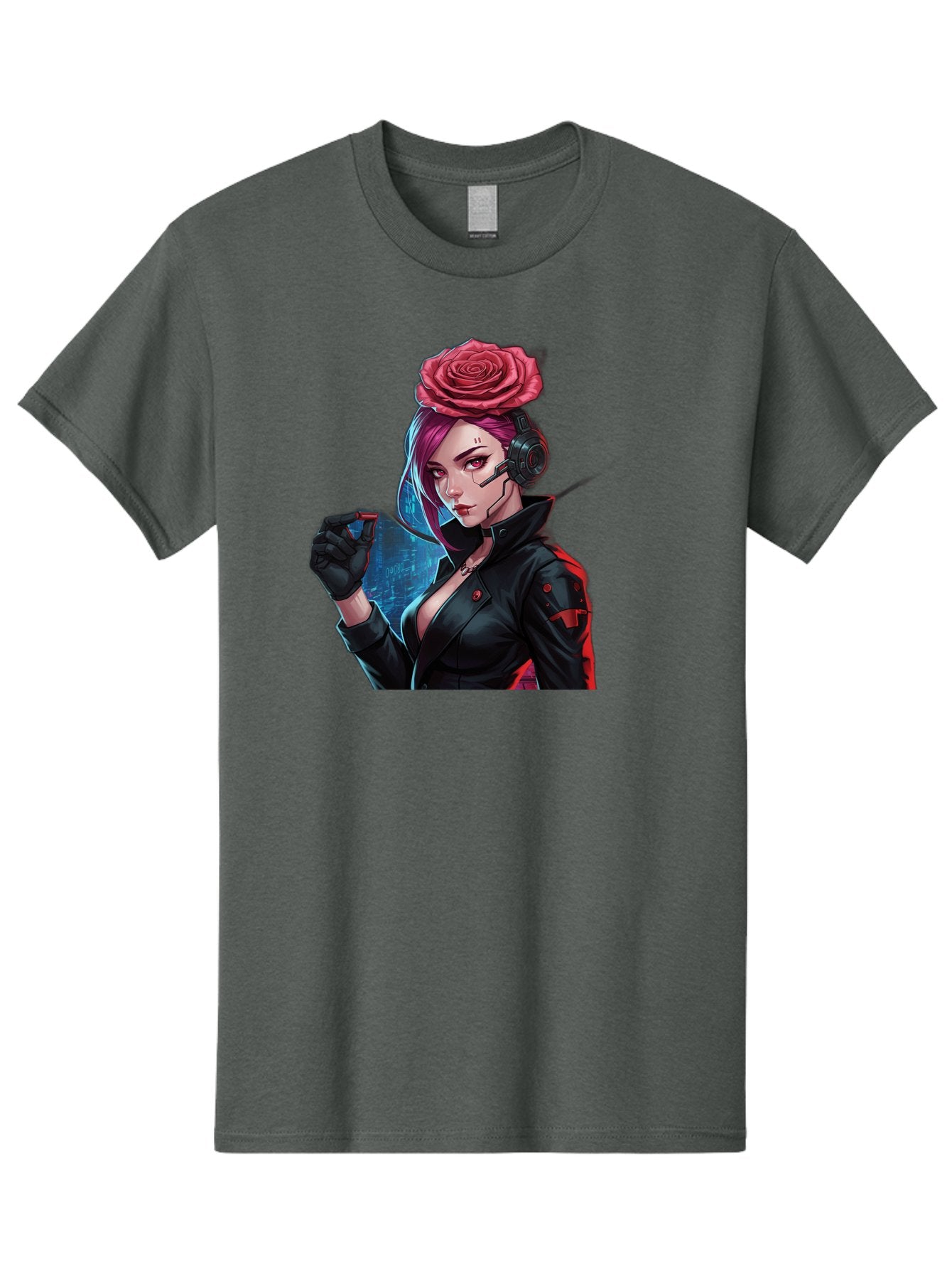Rose-Girl Men'S Graphic Tee, 100% Cotton, Comfortable Casual Summer Wear, Machine Washable, Pink Hair, Red Rose, Black Leather Jacket, Cyberpunk Style, Futuristic Fashion, Gaming Character, League Of Legends, Esports, K/Da Akali Bac378 4