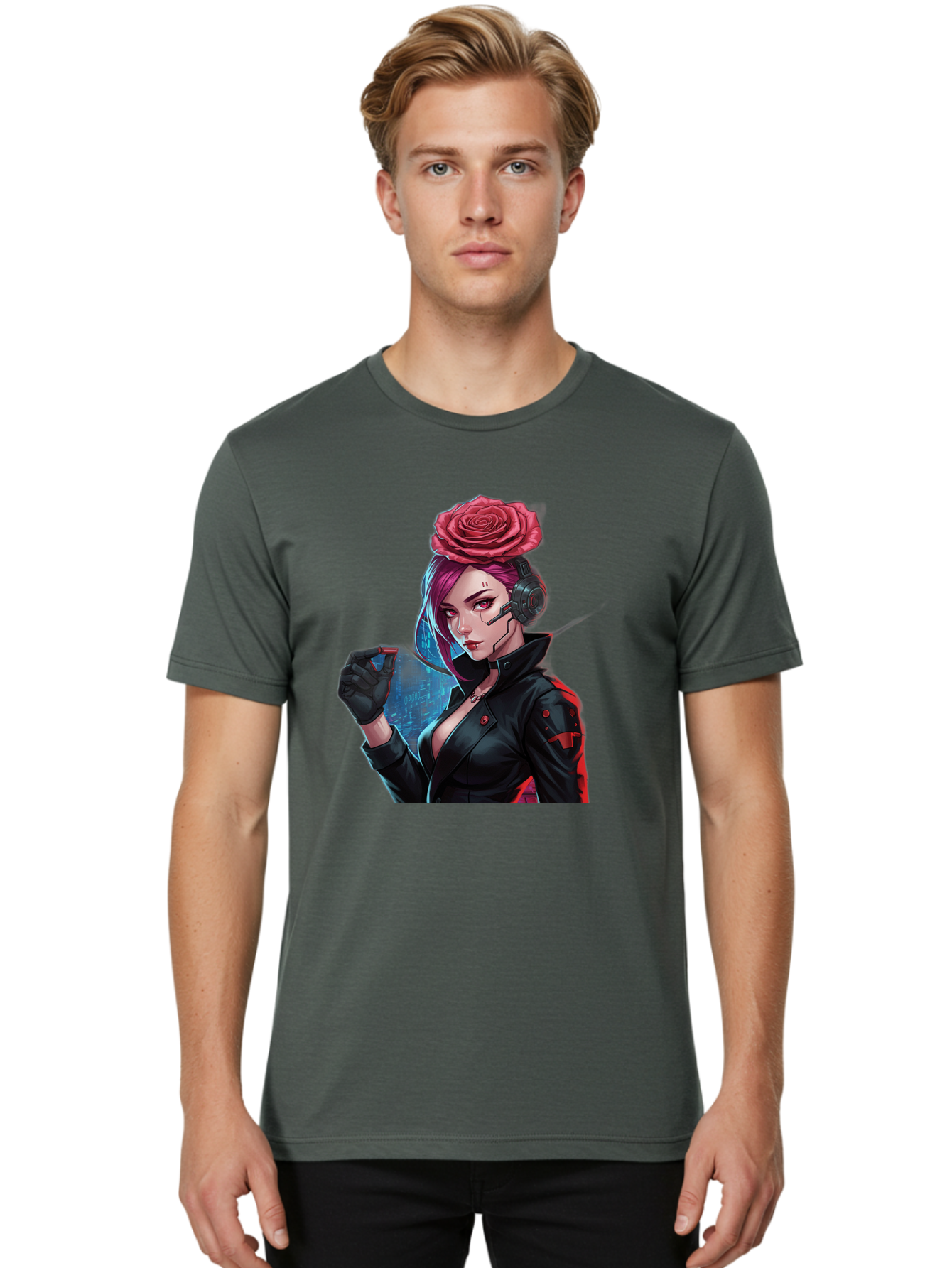 Rose-Girl Men'S Graphic Tee, 100% Cotton, Comfortable Casual Summer Wear, Machine Washable, Pink Hair, Red Rose, Black Leather Jacket, Cyberpunk Style, Futuristic Fashion, Gaming Character, League Of Legends, Esports, K/Da Akali Bac378 27