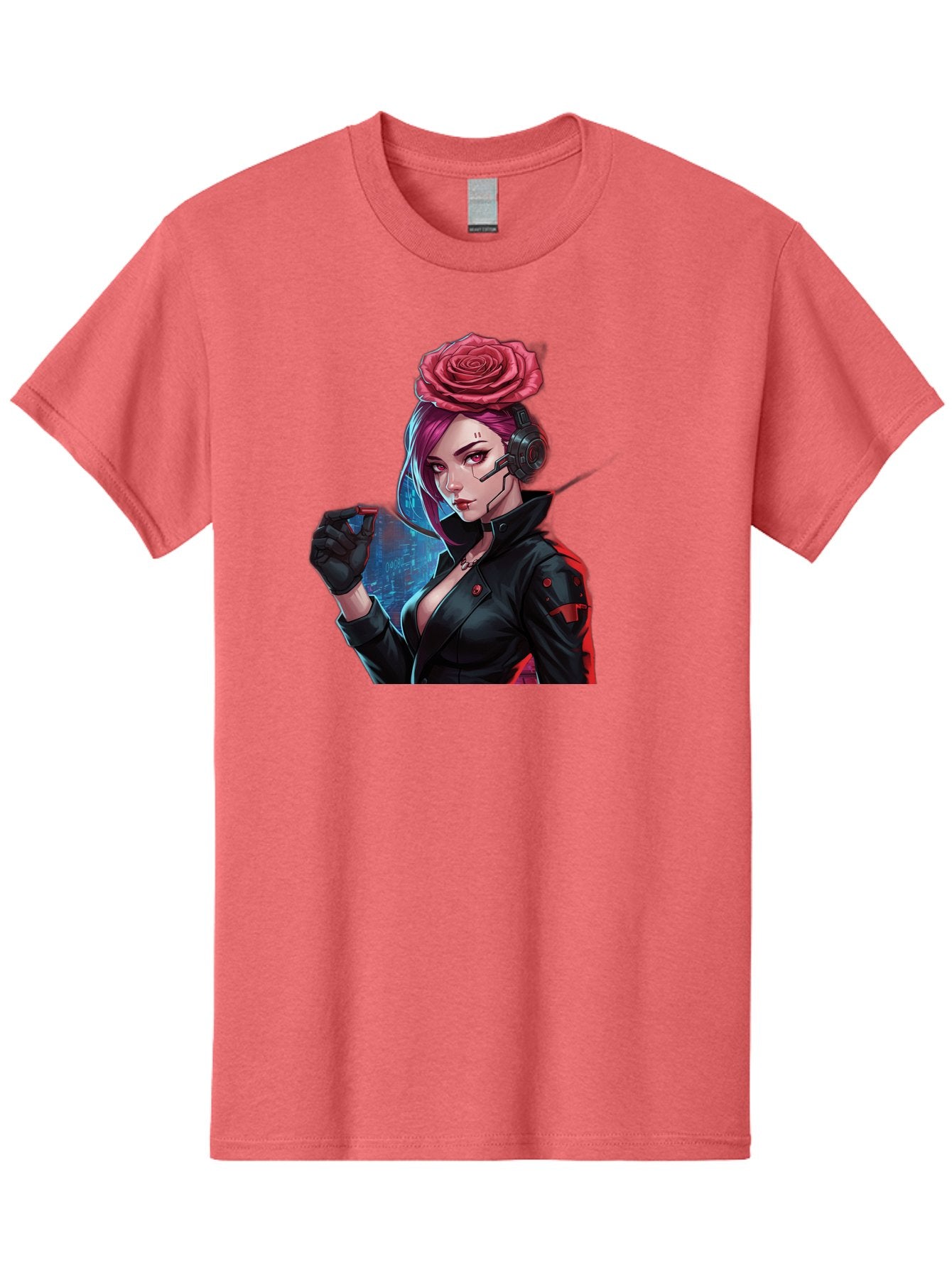 Rose-Girl Men'S Graphic Tee, 100% Cotton, Comfortable Casual Summer Wear, Machine Washable, Pink Hair, Red Rose, Black Leather Jacket, Cyberpunk Style, Futuristic Fashion, Gaming Character, League Of Legends, Esports, K/Da Akali Bac378 11