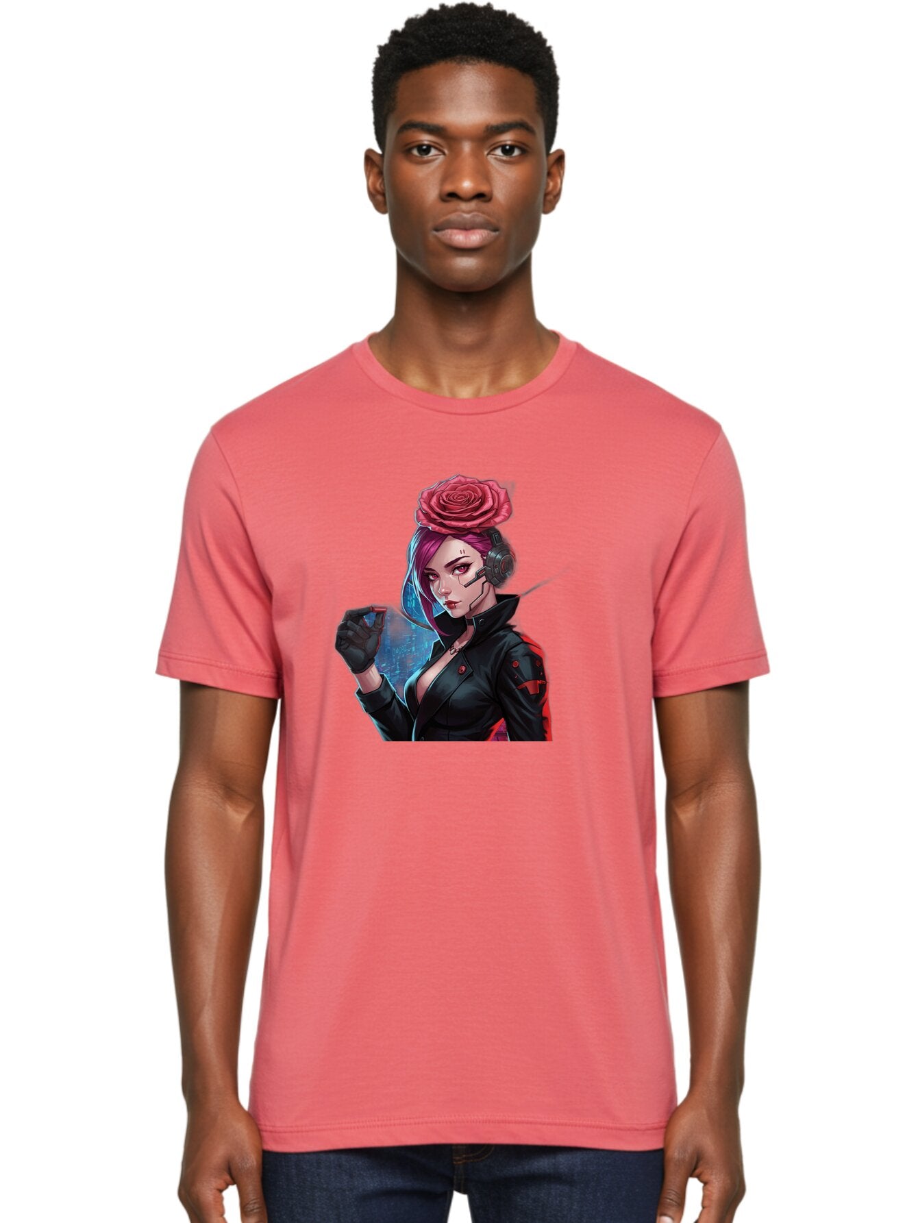 Rose-Girl Men'S Graphic Tee, 100% Cotton, Comfortable Casual Summer Wear, Machine Washable, Pink Hair, Red Rose, Black Leather Jacket, Cyberpunk Style, Futuristic Fashion, Gaming Character, League Of Legends, Esports, K/Da Akali Bac378 27