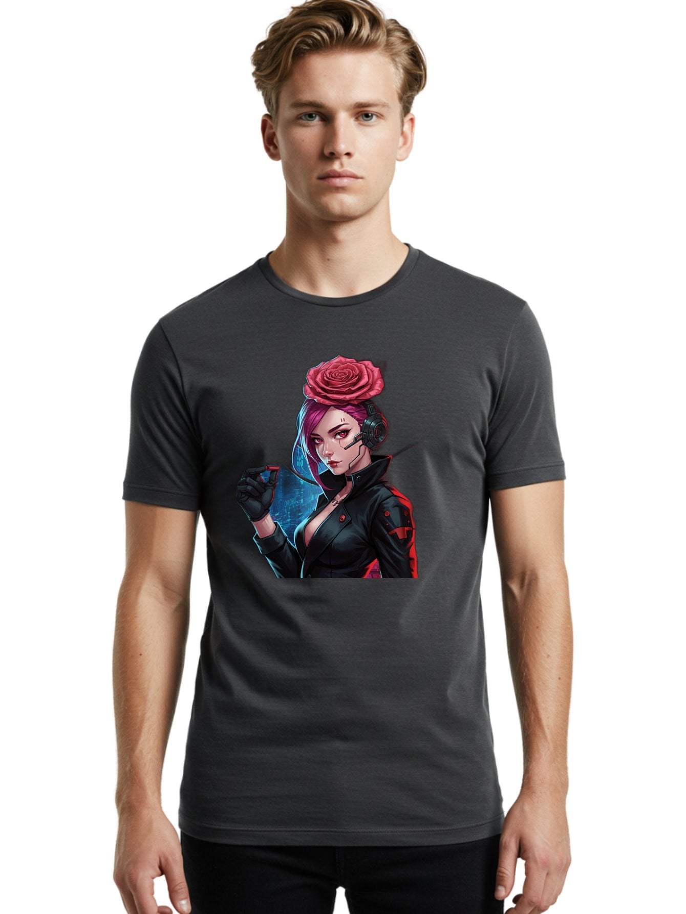 Rose-Girl Men'S Graphic Tee, 100% Cotton, Comfortable Casual Summer Wear, Machine Washable, Pink Hair, Red Rose, Black Leather Jacket, Cyberpunk Style, Futuristic Fashion, Gaming Character, League Of Legends, Esports, K/Da Akali Bac378 19