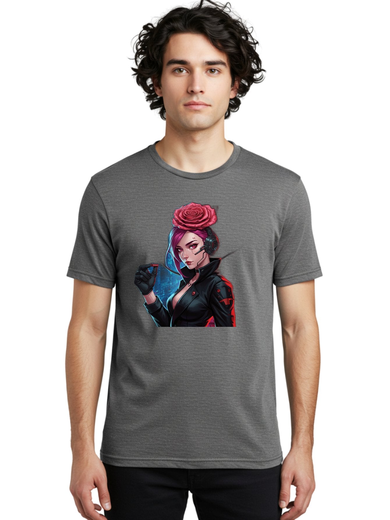 Rose-Girl Men'S Graphic Tee, 100% Cotton, Comfortable Casual Summer Wear, Machine Washable, Pink Hair, Red Rose, Black Leather Jacket, Cyberpunk Style, Futuristic Fashion, Gaming Character, League Of Legends, Esports, K/Da Akali Bac378 29