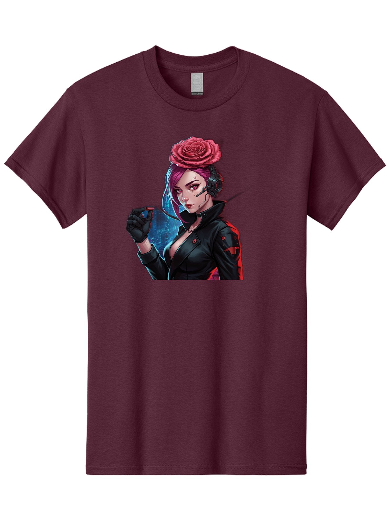 Rose-Girl Men'S Graphic Tee, 100% Cotton, Comfortable Casual Summer Wear, Machine Washable, Pink Hair, Red Rose, Black Leather Jacket, Cyberpunk Style, Futuristic Fashion, Gaming Character, League Of Legends, Esports, K/Da Akali Bac378 15