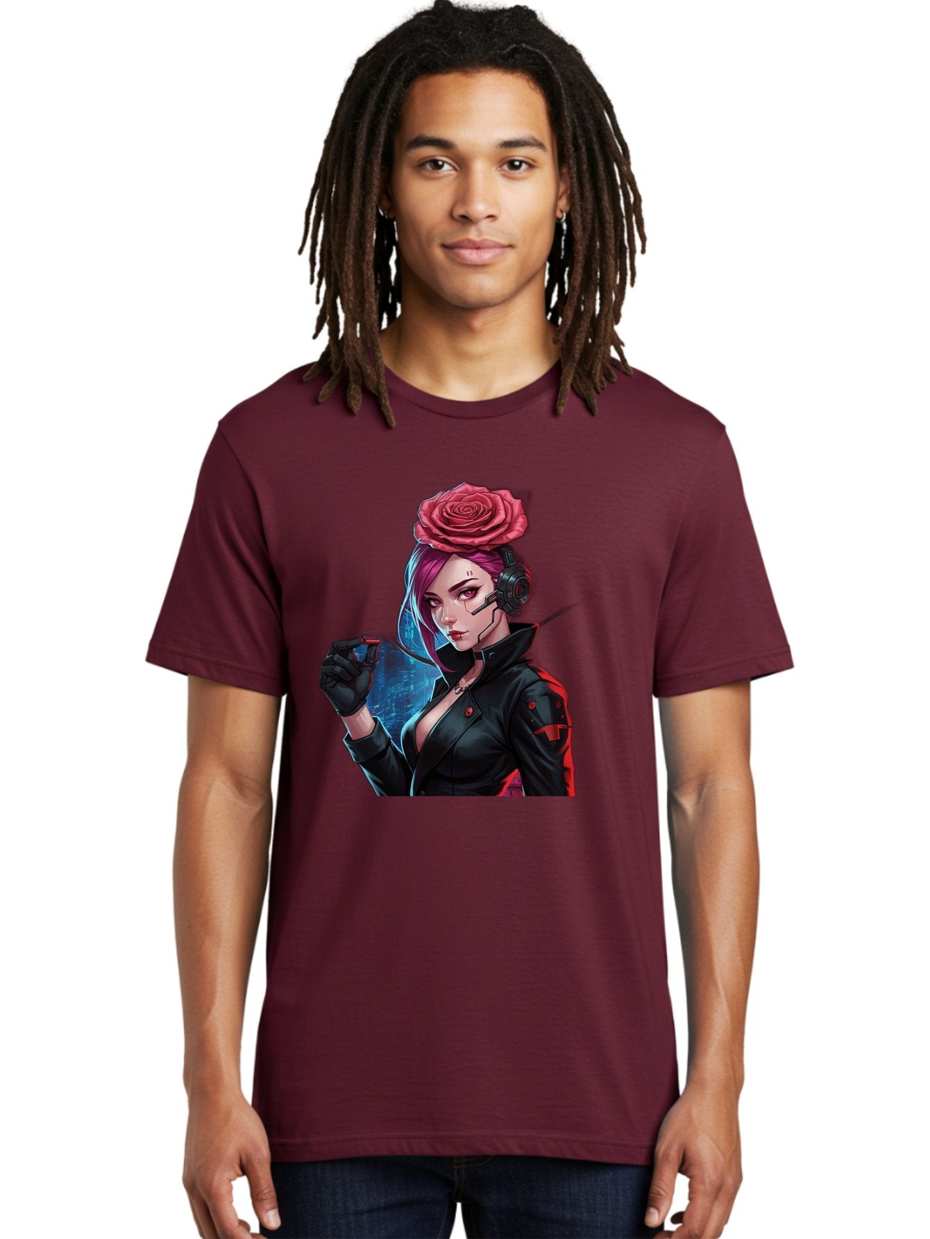 Rose-Girl Men'S Graphic Tee, 100% Cotton, Comfortable Casual Summer Wear, Machine Washable, Pink Hair, Red Rose, Black Leather Jacket, Cyberpunk Style, Futuristic Fashion, Gaming Character, League Of Legends, Esports, K/Da Akali Bac378 30