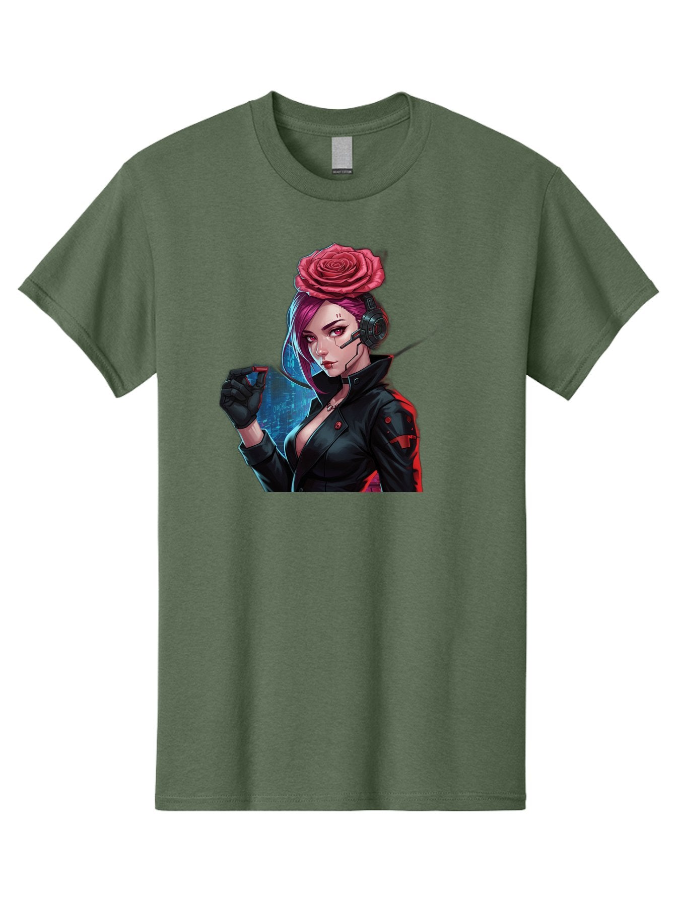 Rose-Girl Men'S Graphic Tee, 100% Cotton, Comfortable Casual Summer Wear, Machine Washable, Pink Hair, Red Rose, Black Leather Jacket, Cyberpunk Style, Futuristic Fashion, Gaming Character, League Of Legends, Esports, K/Da Akali Bac378 3