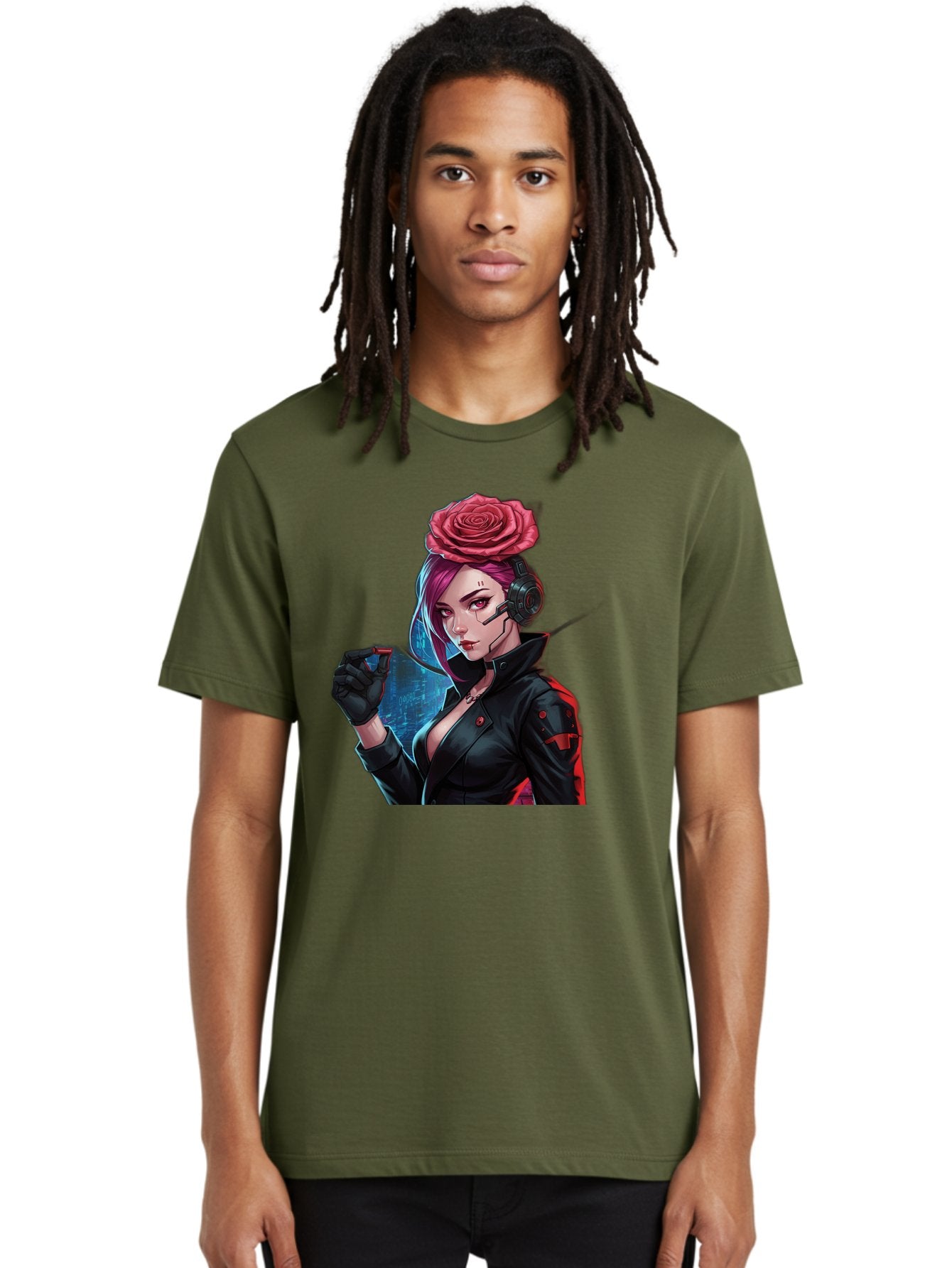 Rose-Girl Men'S Graphic Tee, 100% Cotton, Comfortable Casual Summer Wear, Machine Washable, Pink Hair, Red Rose, Black Leather Jacket, Cyberpunk Style, Futuristic Fashion, Gaming Character, League Of Legends, Esports, K/Da Akali Bac378 22