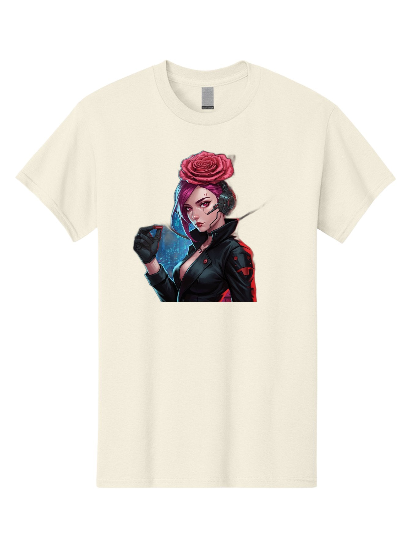 Rose-Girl Men'S Graphic Tee, 100% Cotton, Comfortable Casual Summer Wear, Machine Washable, Pink Hair, Red Rose, Black Leather Jacket, Cyberpunk Style, Futuristic Fashion, Gaming Character, League Of Legends, Esports, K/Da Akali Bac378 8