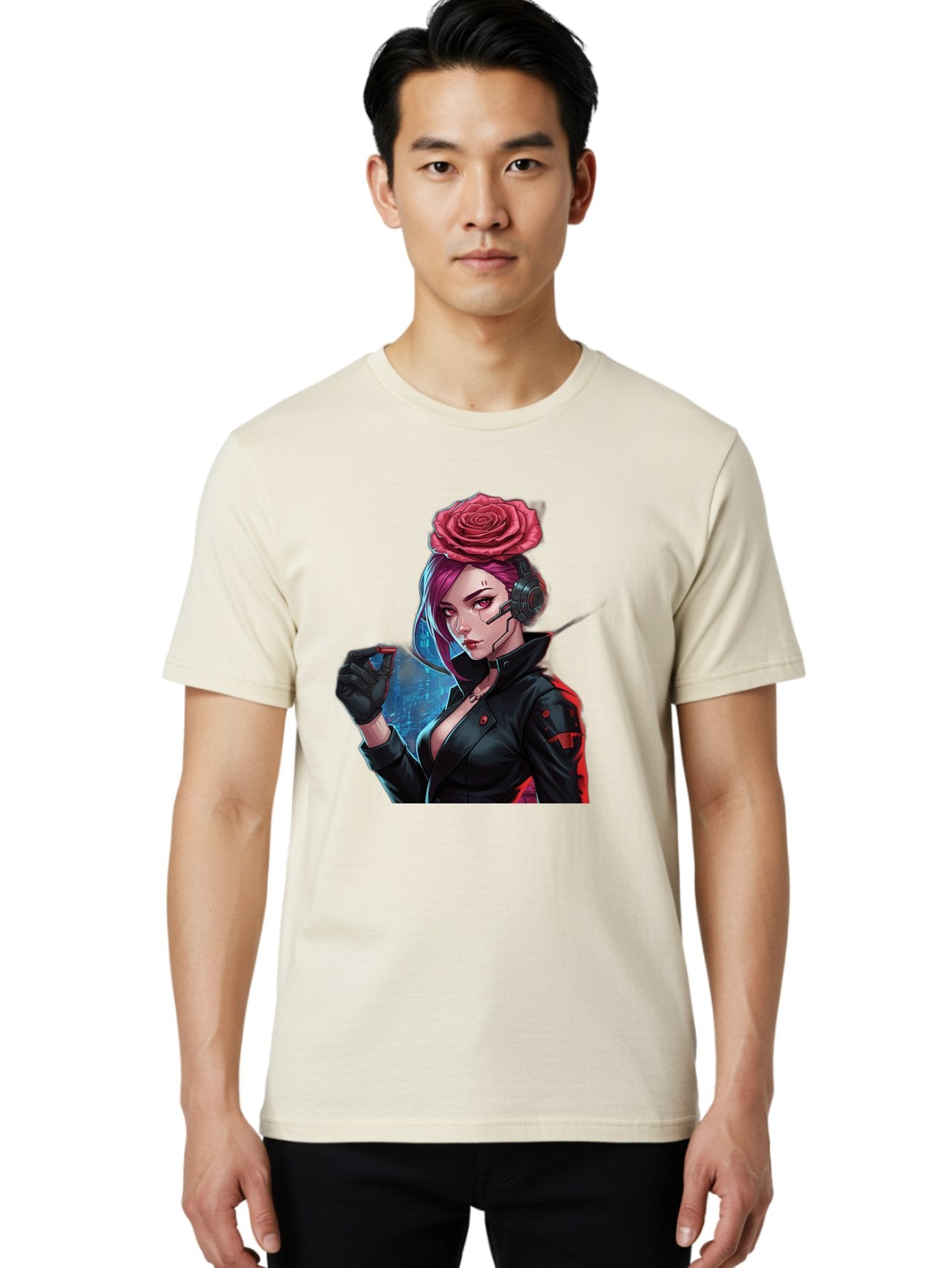 Rose-Girl Men'S Graphic Tee, 100% Cotton, Comfortable Casual Summer Wear, Machine Washable, Pink Hair, Red Rose, Black Leather Jacket, Cyberpunk Style, Futuristic Fashion, Gaming Character, League Of Legends, Esports, K/Da Akali Bac378 25