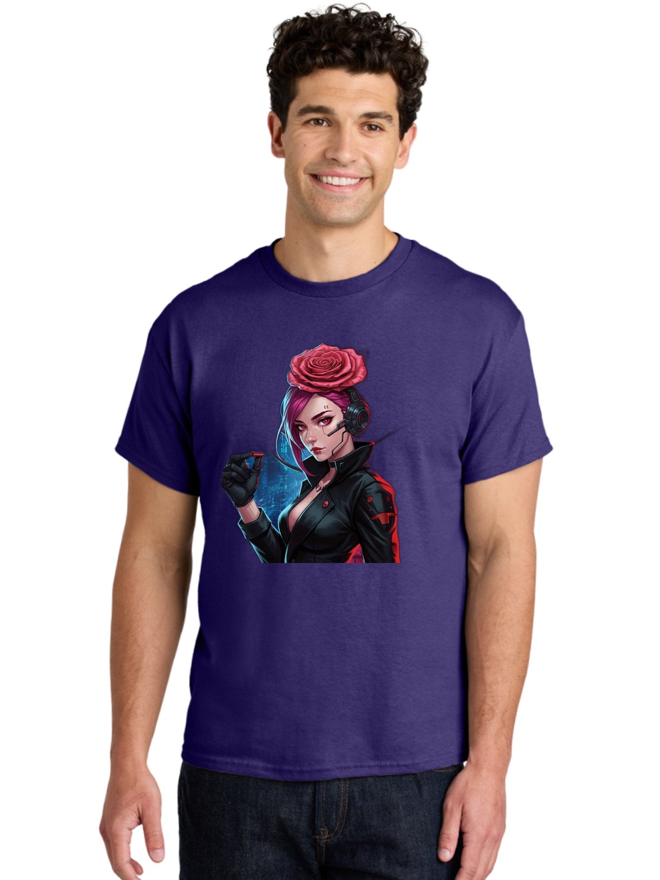 Rose-Girl Men'S Graphic Tee, 100% Cotton, Comfortable Casual Summer Wear, Machine Washable, Pink Hair, Red Rose, Black Leather Jacket, Cyberpunk Style, Futuristic Fashion, Gaming Character, League Of Legends, Esports, K/Da Akali Bac378 20