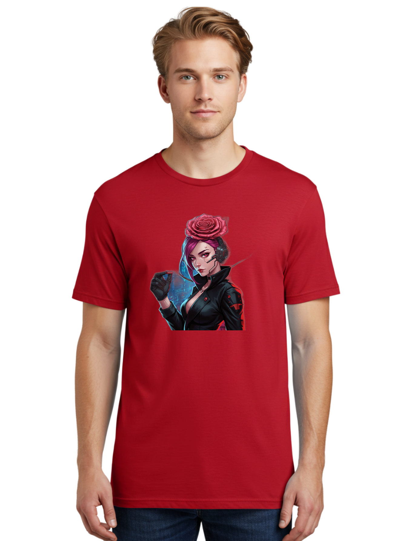 Rose-Girl Men'S Graphic Tee, 100% Cotton, Comfortable Casual Summer Wear, Machine Washable, Pink Hair, Red Rose, Black Leather Jacket, Cyberpunk Style, Futuristic Fashion, Gaming Character, League Of Legends, Esports, K/Da Akali Bac378 20