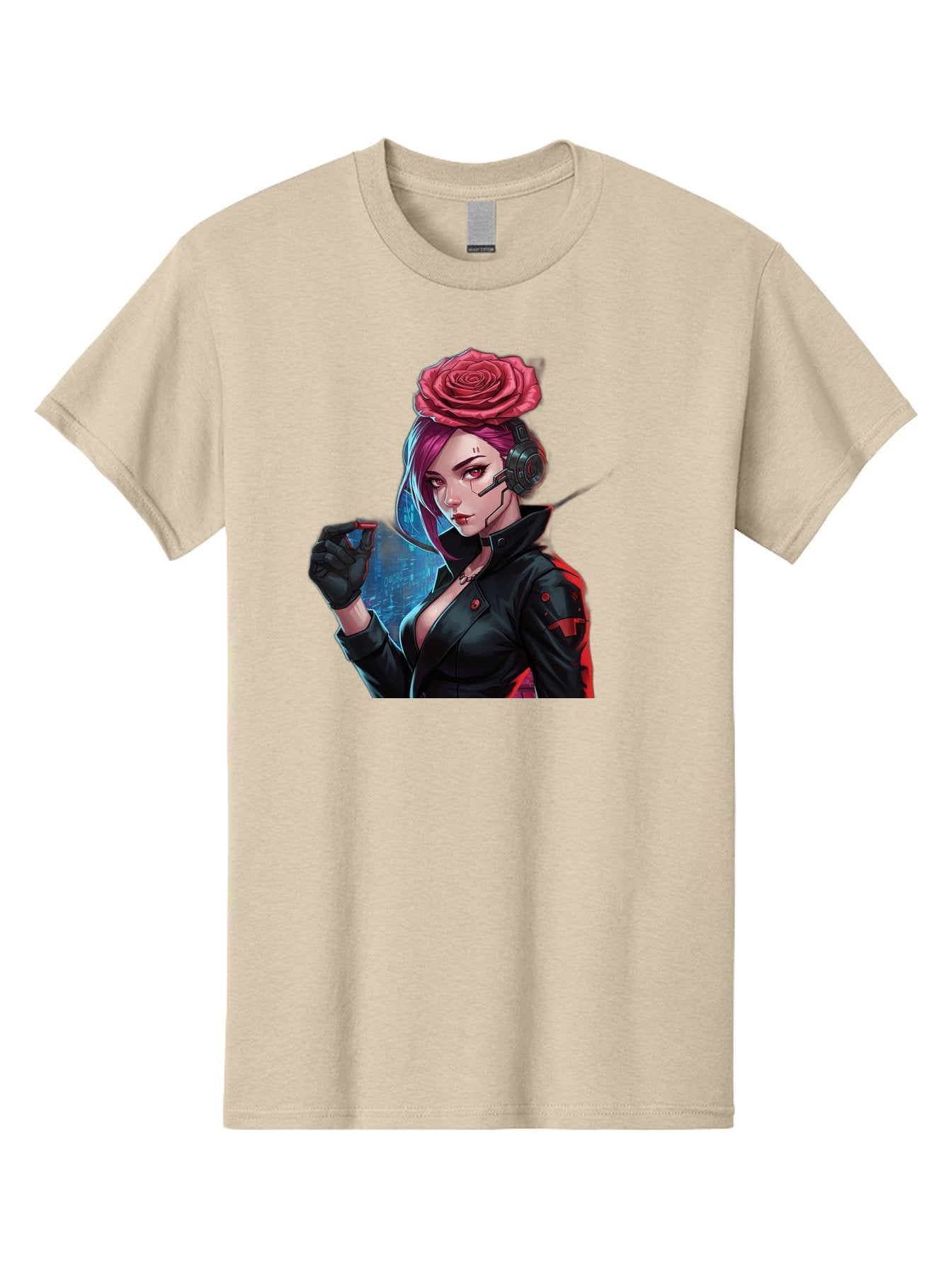 Rose-Girl Men'S Graphic Tee, 100% Cotton, Comfortable Casual Summer Wear, Machine Washable, Pink Hair, Red Rose, Black Leather Jacket, Cyberpunk Style, Futuristic Fashion, Gaming Character, League Of Legends, Esports, K/Da Akali Bac378