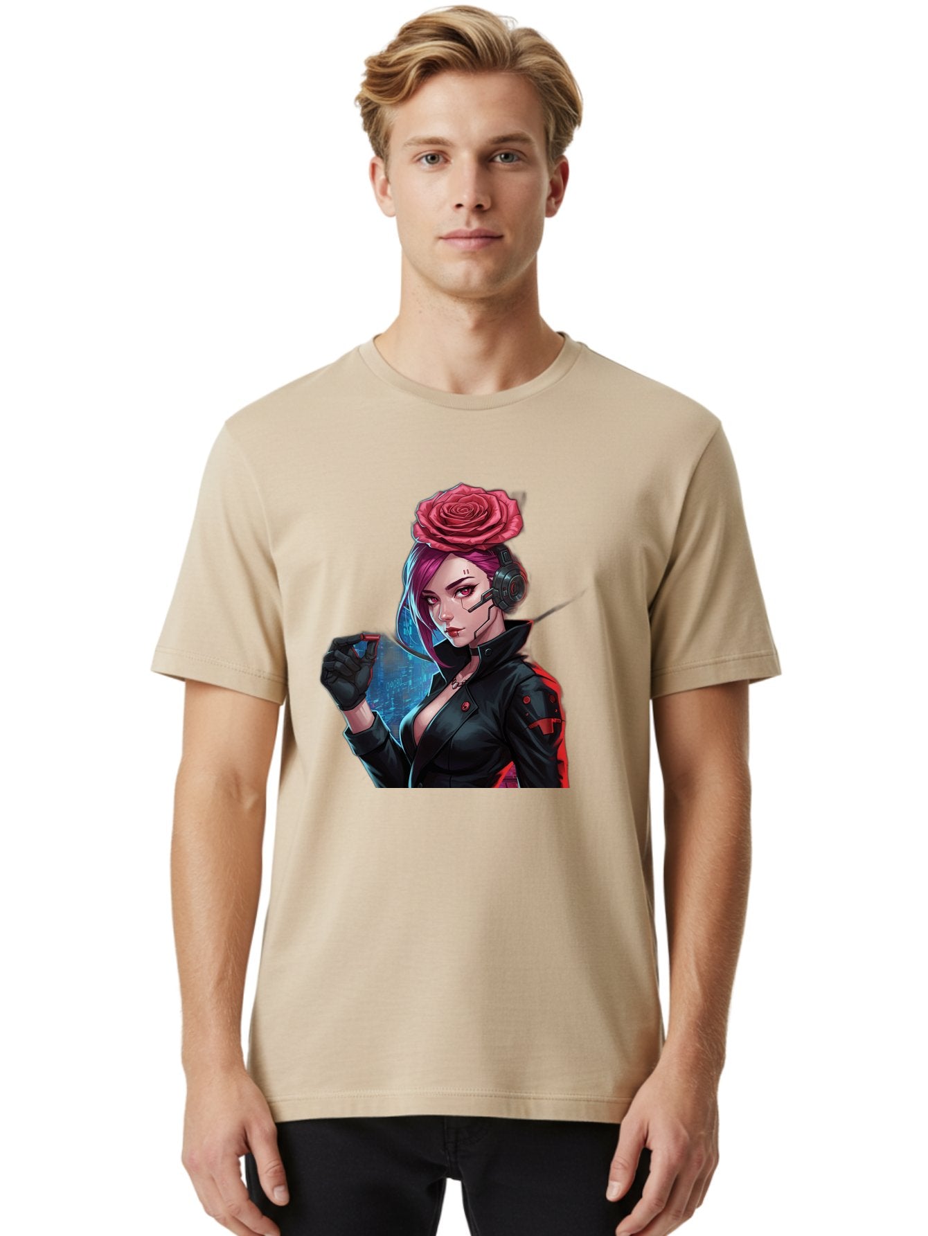 Rose-Girl Men'S Graphic Tee, 100% Cotton, Comfortable Casual Summer Wear, Machine Washable, Pink Hair, Red Rose, Black Leather Jacket, Cyberpunk Style, Futuristic Fashion, Gaming Character, League Of Legends, Esports, K/Da Akali Bac378 21