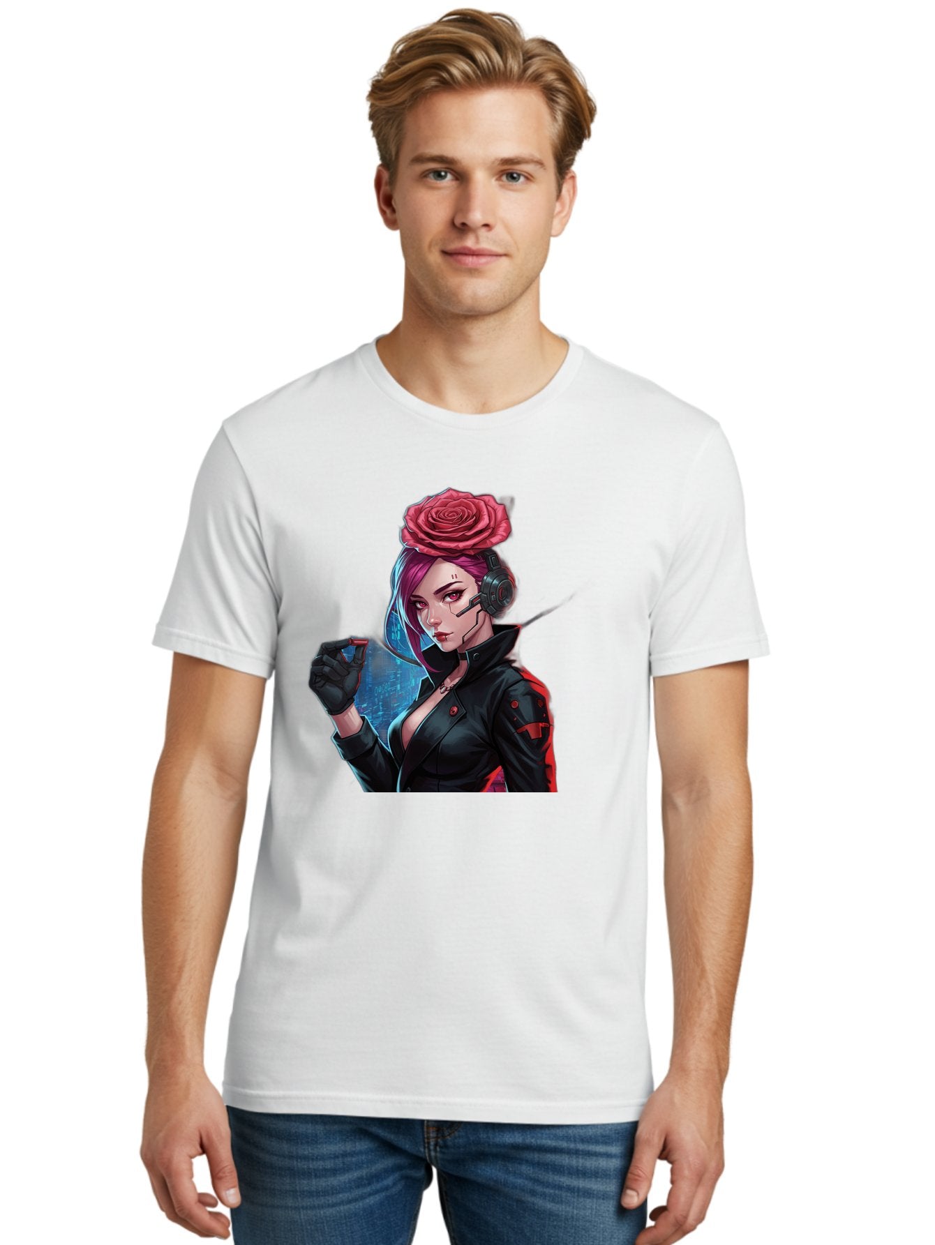 Rose-Girl Men'S Graphic Tee, 100% Cotton, Comfortable Casual Summer Wear, Machine Washable, Pink Hair, Red Rose, Black Leather Jacket, Cyberpunk Style, Futuristic Fashion, Gaming Character, League Of Legends, Esports, K/Da Akali Bac378 28