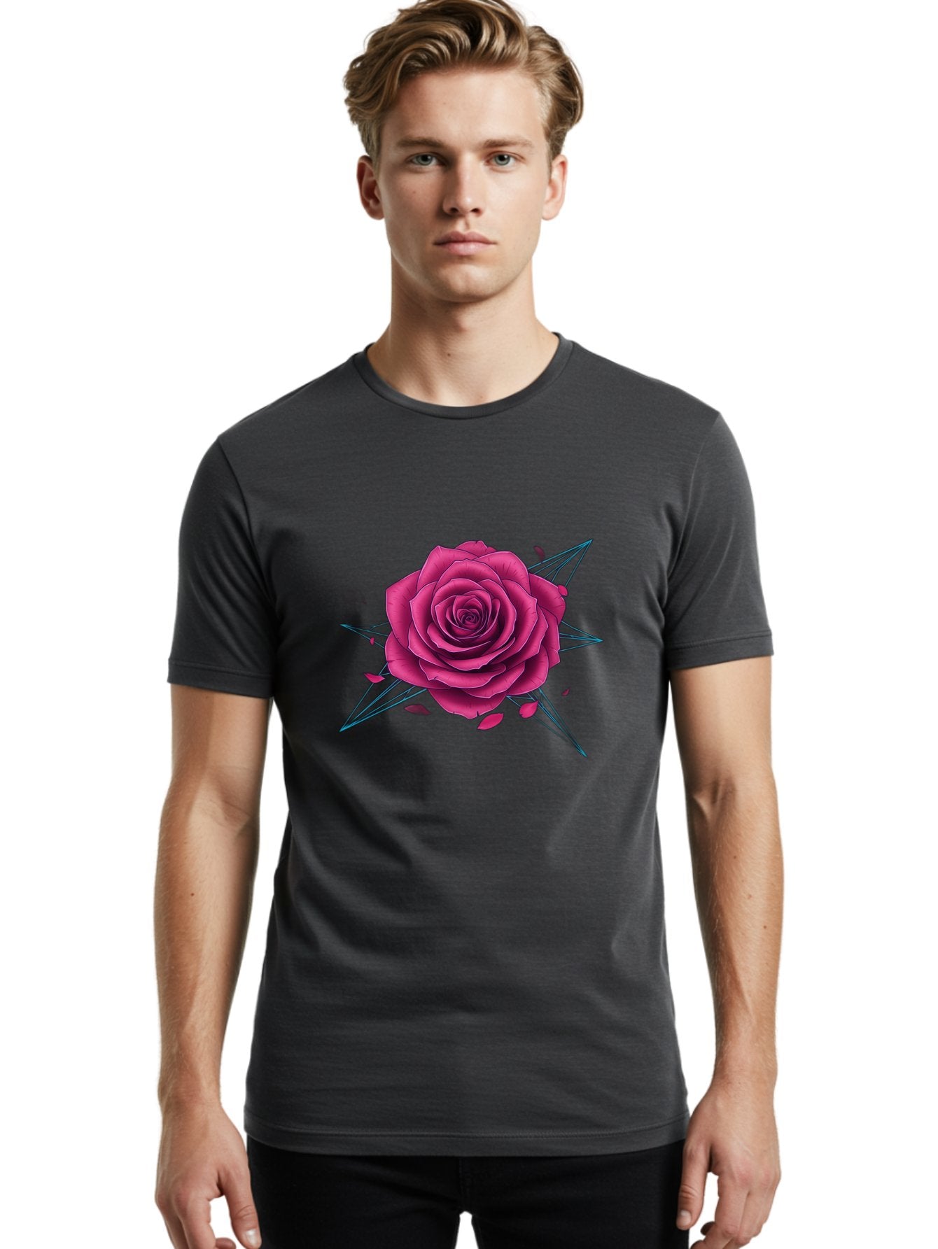 Rose-Star Men'S Graphic Tee, 100% Cotton, Comfortable Casual Summer Wear, Machine Washable, Pink Rose, Thorn Star, Falling Petals, Symbolic Art, Intricate Design, Floral Motif, Romantic Symbolism, Gothic Elegance, Mystical Themes Bac379 27