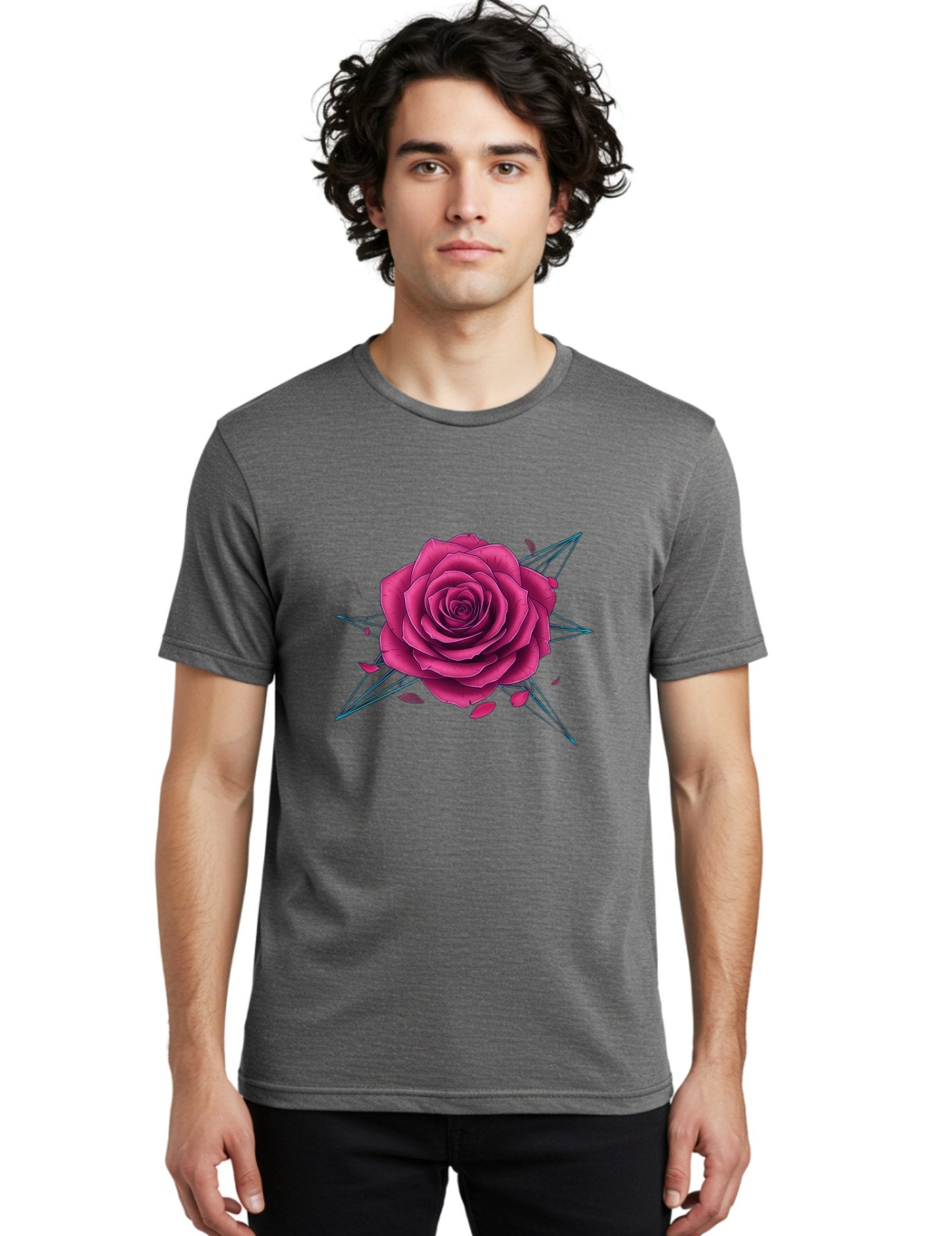 Rose-Star Men'S Graphic Tee, 100% Cotton, Comfortable Casual Summer Wear, Machine Washable, Pink Rose, Thorn Star, Falling Petals, Symbolic Art, Intricate Design, Floral Motif, Romantic Symbolism, Gothic Elegance, Mystical Themes Bac379 20