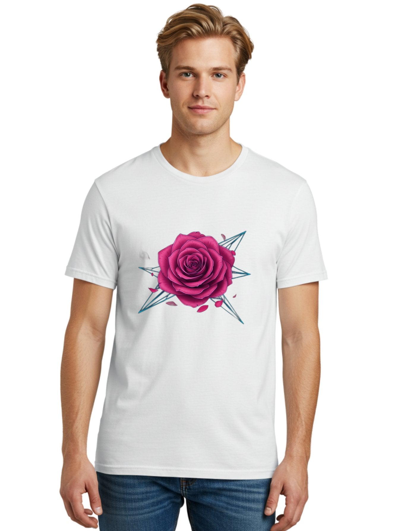 Rose-Star Men'S Graphic Tee, 100% Cotton, Comfortable Casual Summer Wear, Machine Washable, Pink Rose, Thorn Star, Falling Petals, Symbolic Art, Intricate Design, Floral Motif, Romantic Symbolism, Gothic Elegance, Mystical Themes Bac379 28