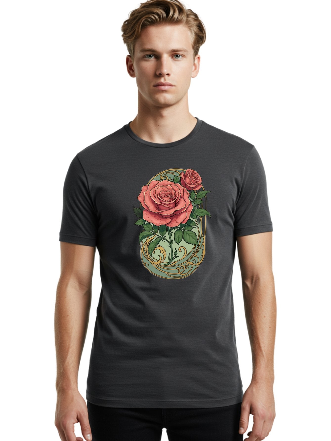 Roses-In-Vase Men'S Graphic Tee, 100% Cotton, Comfortable Casual Summer Wear, Machine Washable, Faberge Egg, Roses, Floral Arrangement, Ornate Design, Vintage Style, Decorative Art, Elegant Flowers, Luxury Decor, Beautiful Roses Bac380 24